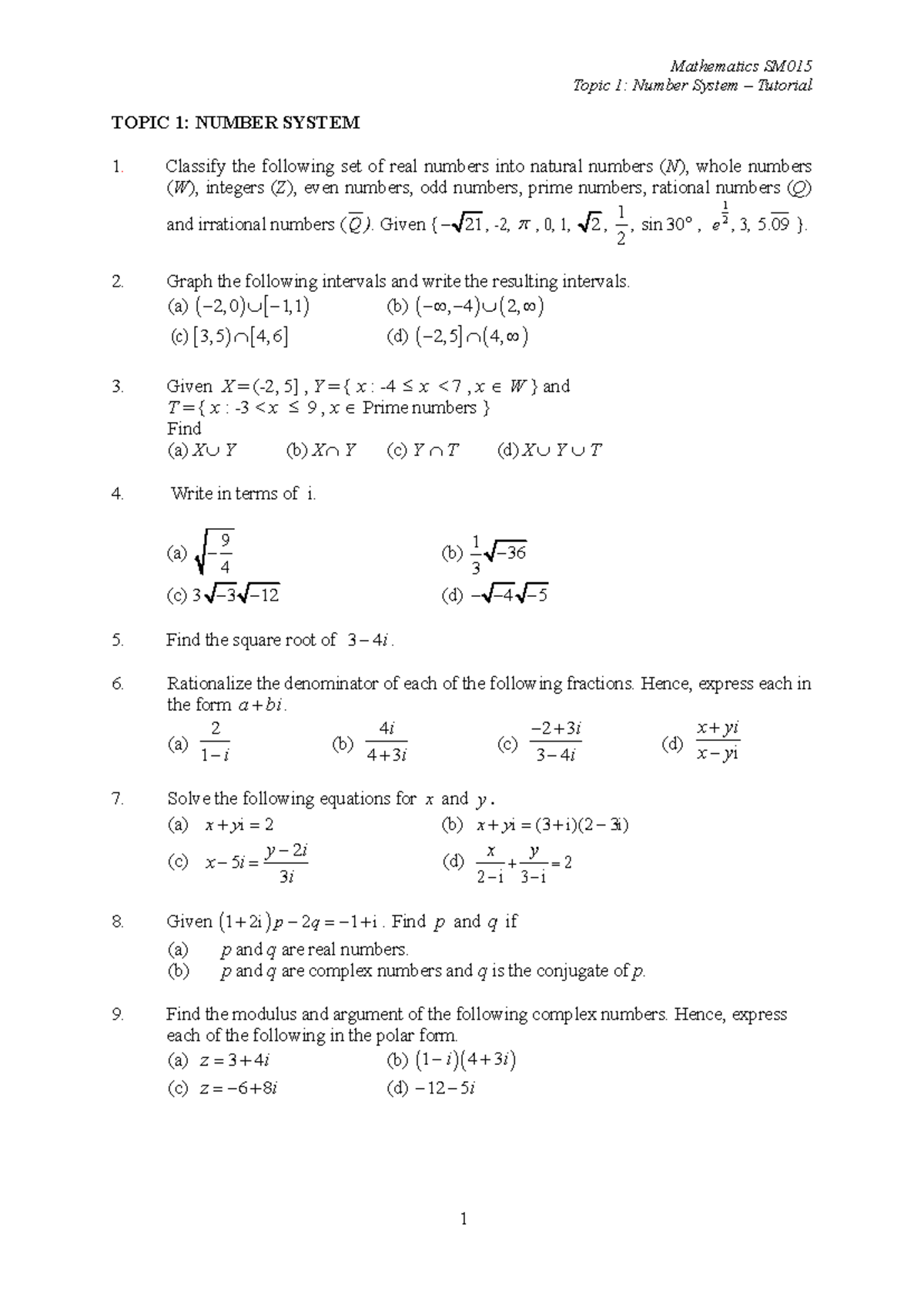Mathematics SM015 Topic 1: Number System Tutorial Notes - Studocu
