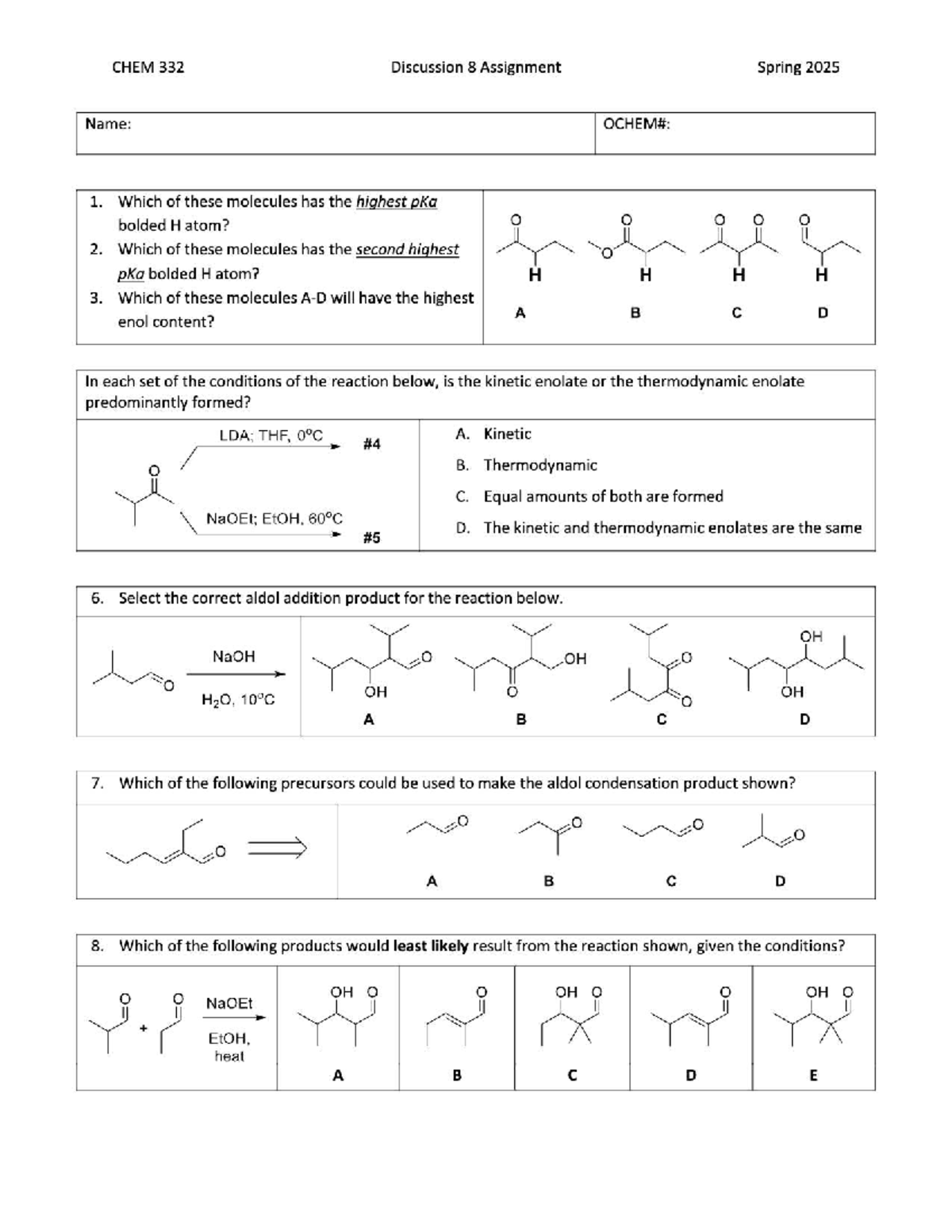 CHEM 332 Discussion 8 Assignment - Organic Chemistry II Spring 2025 ...