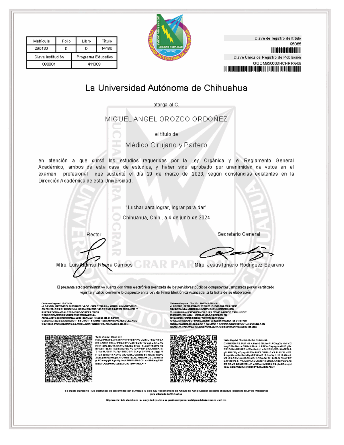 Título: Título Profesional: Médico Cirujano y Partero - Clave 14180 - Document Preview