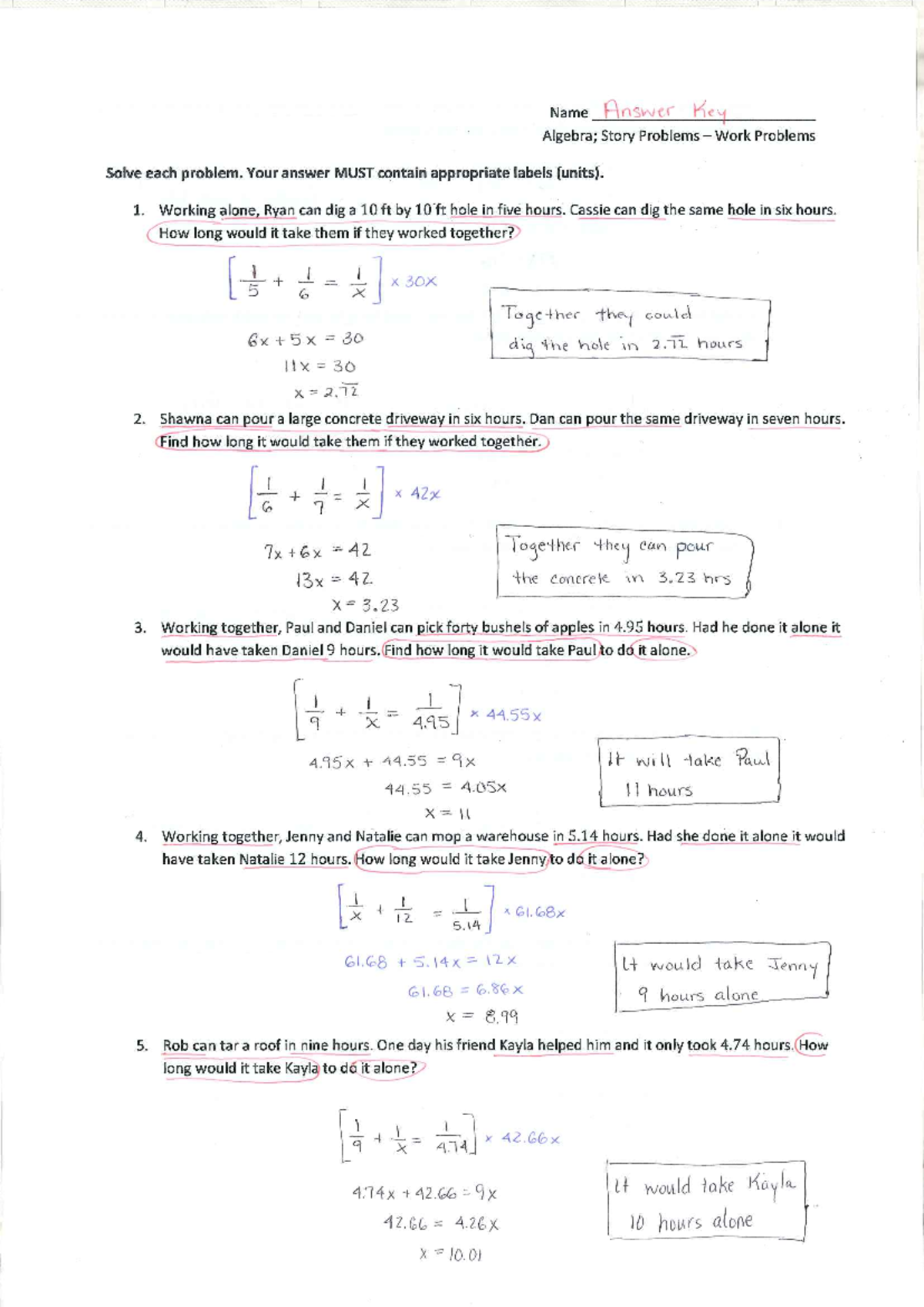 Algebra Work Problems Answer Key - Collaborative Solutions - Studocu