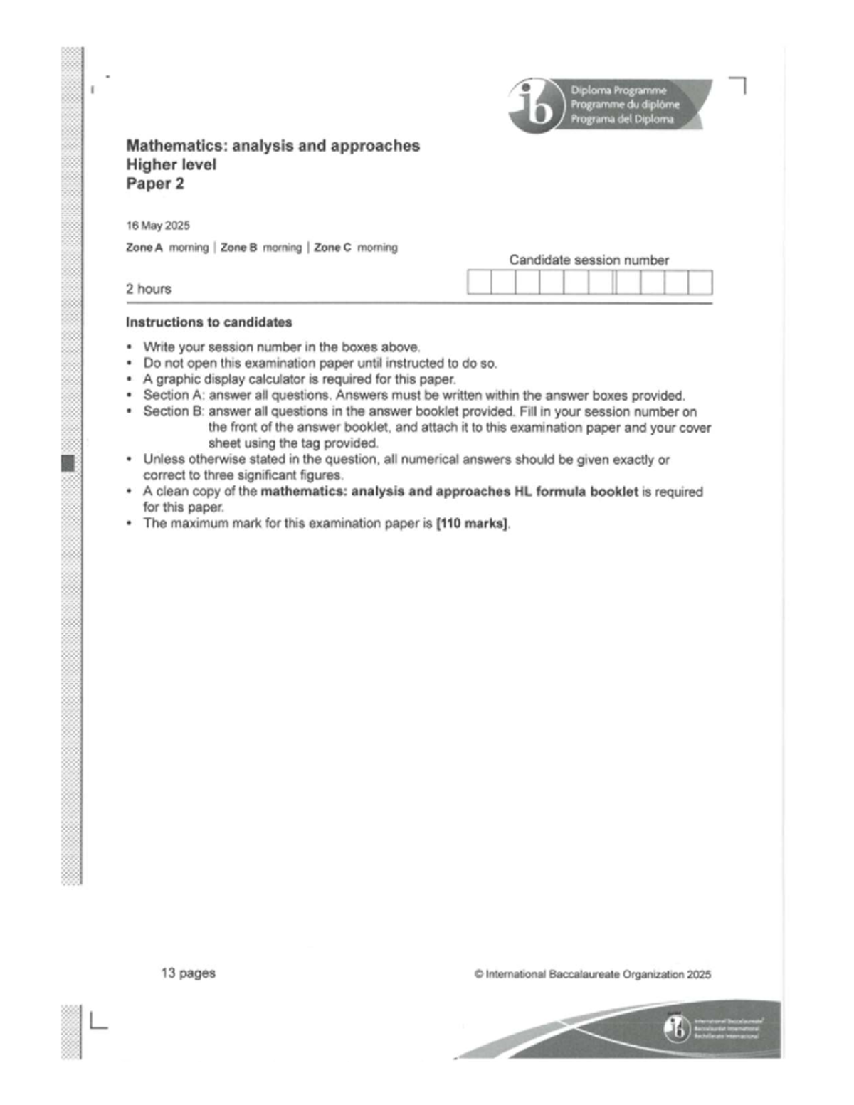 Mathematics: Analysis and Approaches HL Paper 2 (AAHL) - May 2025 