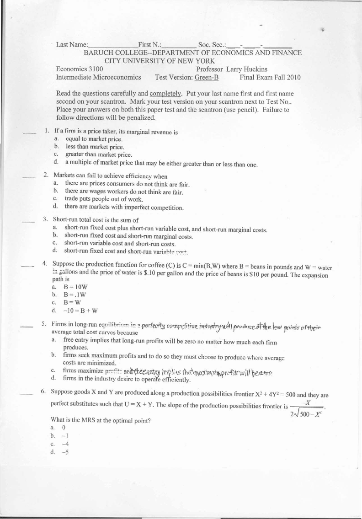 Economics 3100: Intermediate Microeconomics Final Exam Practice - Studocu