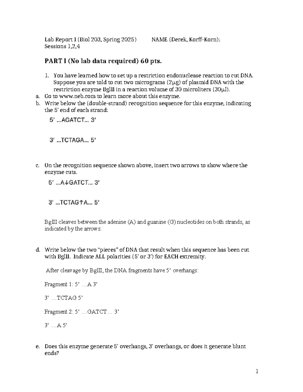 Lab Report I (Biol 203, Spring 2025) - Restriction Enzyme Analysis ...