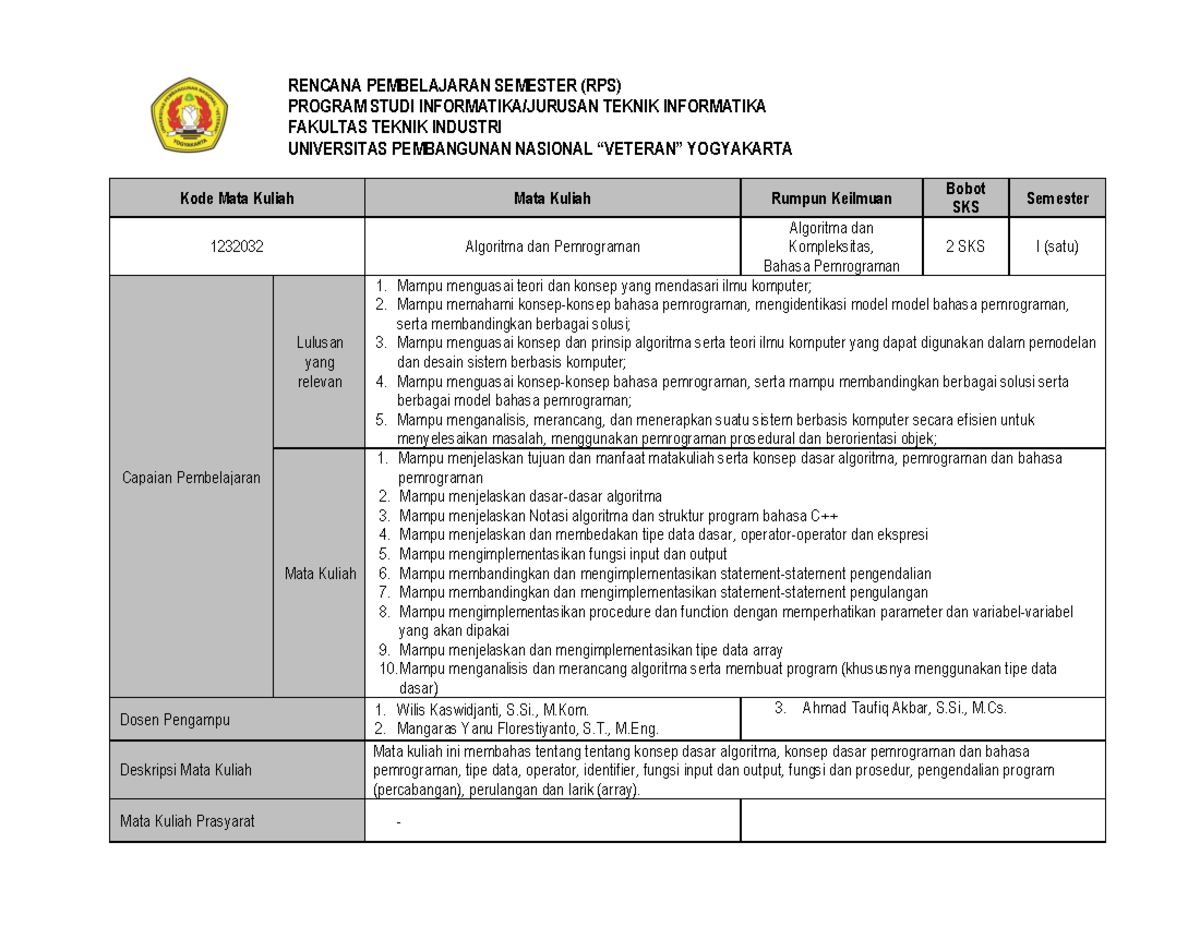 RPS Algoritma dan Pemrograman (IF) 2021 - RENCANA PEMBELAJARAN SEMESTER ...