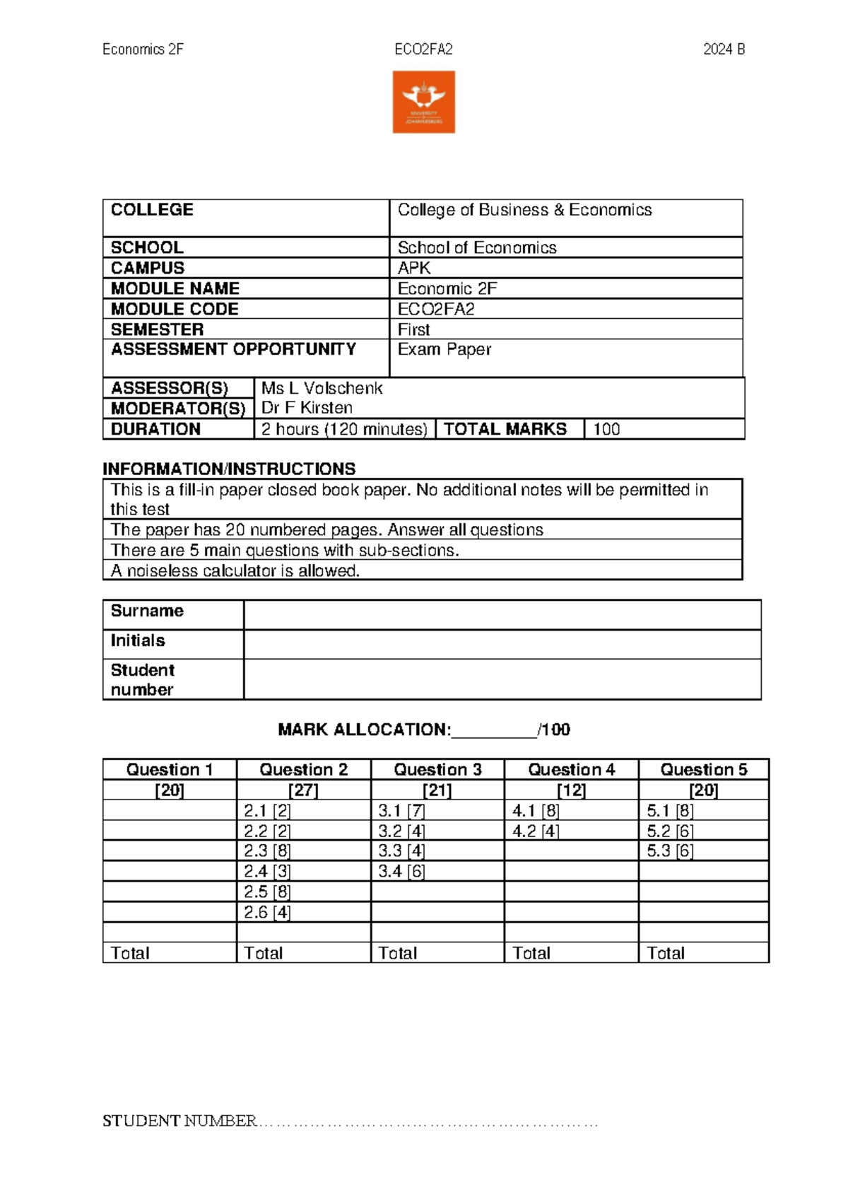 ECO2FA2 2024 B Economics 2F Final Exam Paper Overview and Questions ...