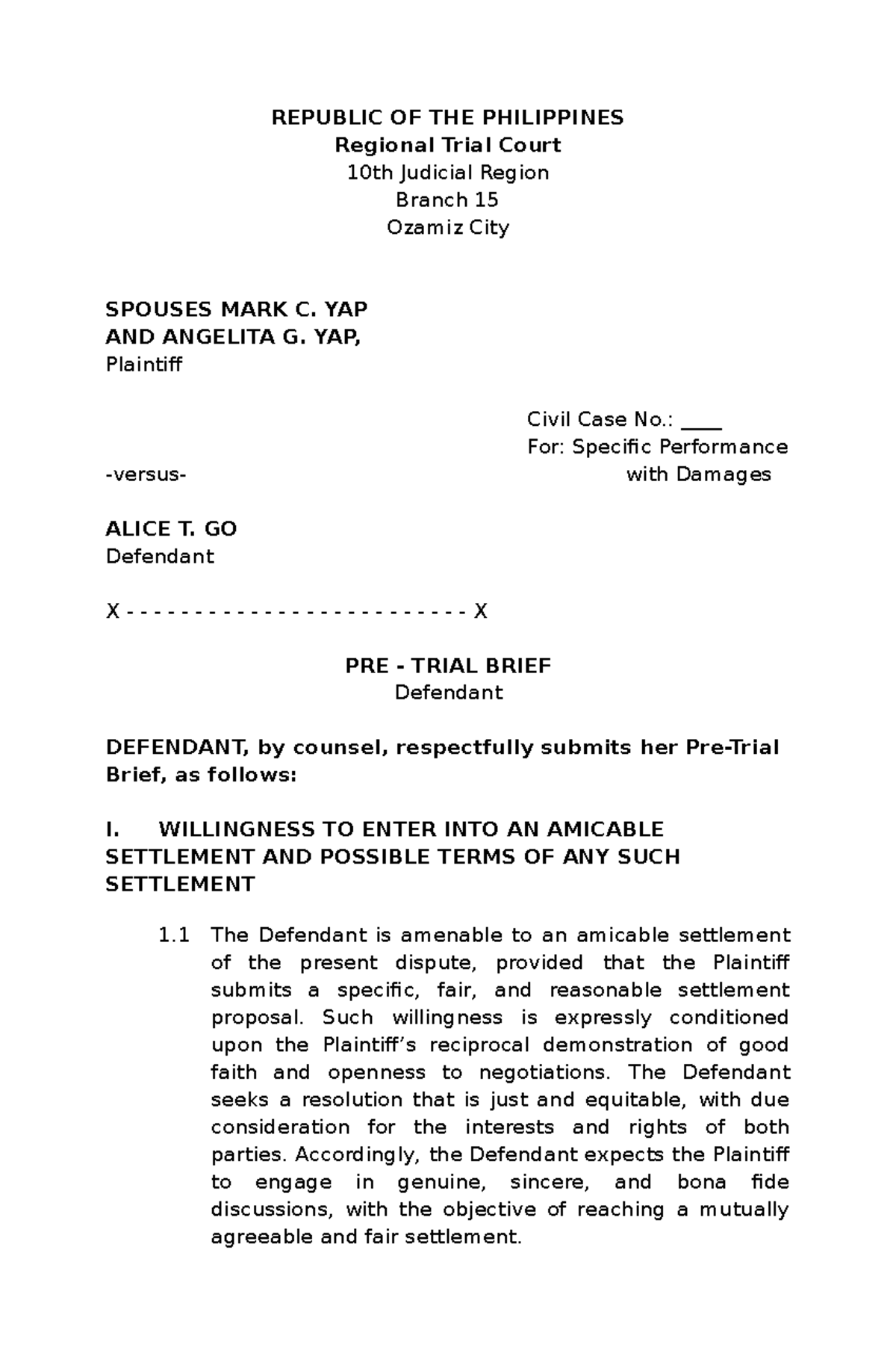 Pre-Trial Brief for Civil Case No. [Insert Case Number] - Alice T. Go ...