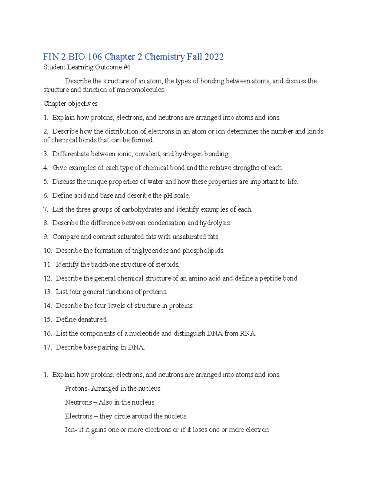 FIN 2 BIO 106 Chapter 2: Structure, Bonds, and Macromolecules Guide ...