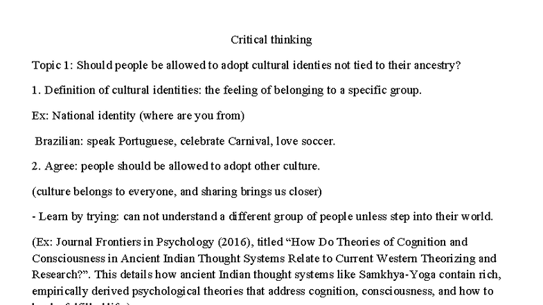 Critical Thinking - Gvrt: Cultural Identity & AI Impacts - Studocu