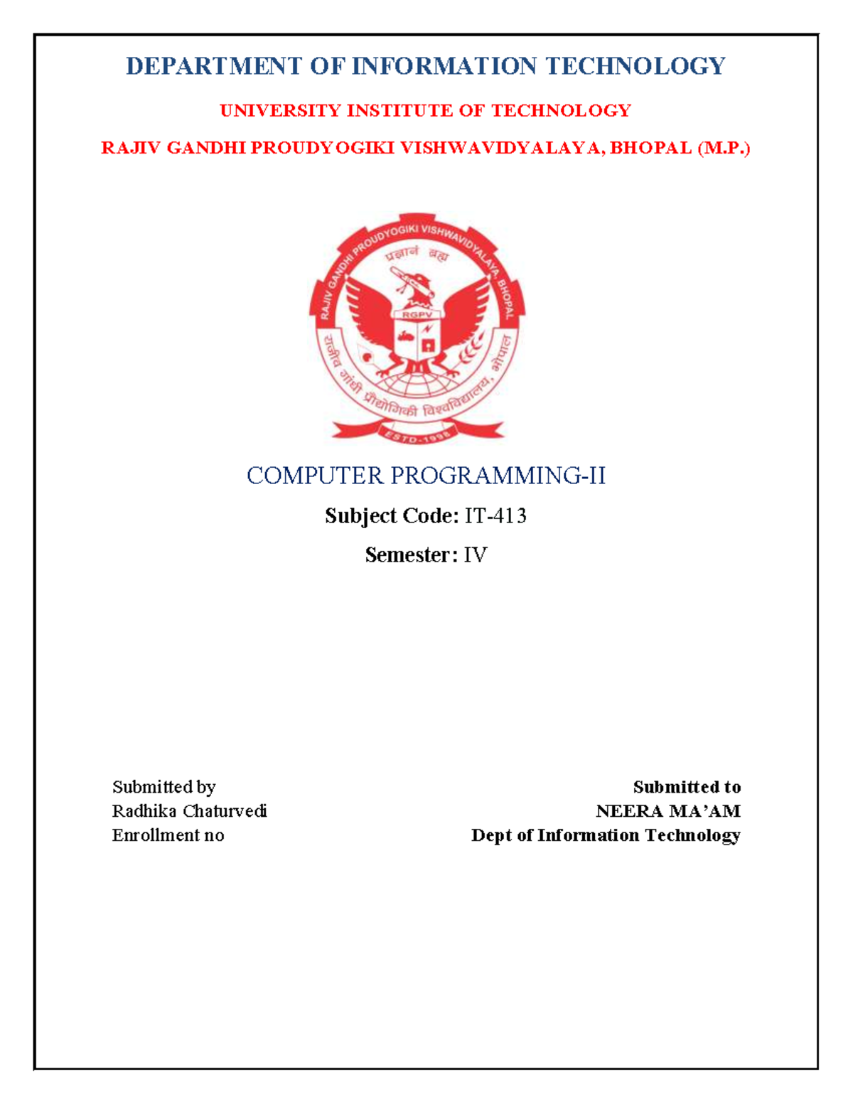 Front Page Radhikahello - Bachelor of Technology - DEPARTMENT OF ...