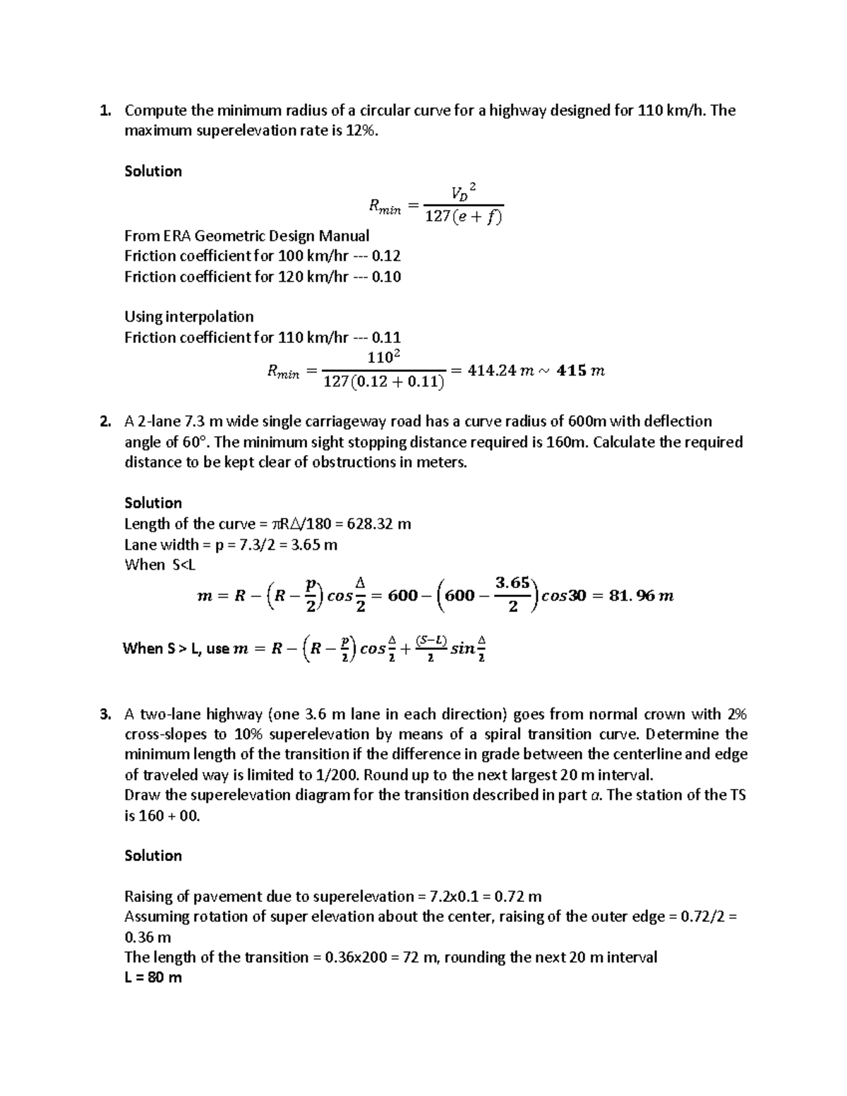 Horizontal Alignment Design Calculations for Highway (ENG 420) - Studocu