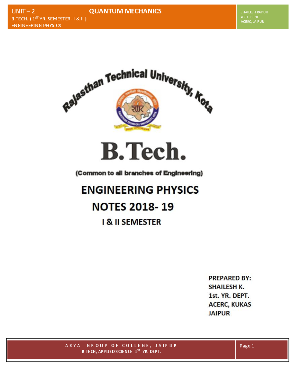 Quantum Mechanics Overview: B.TECH. Engineering Physics Unit 2 - Studocu
