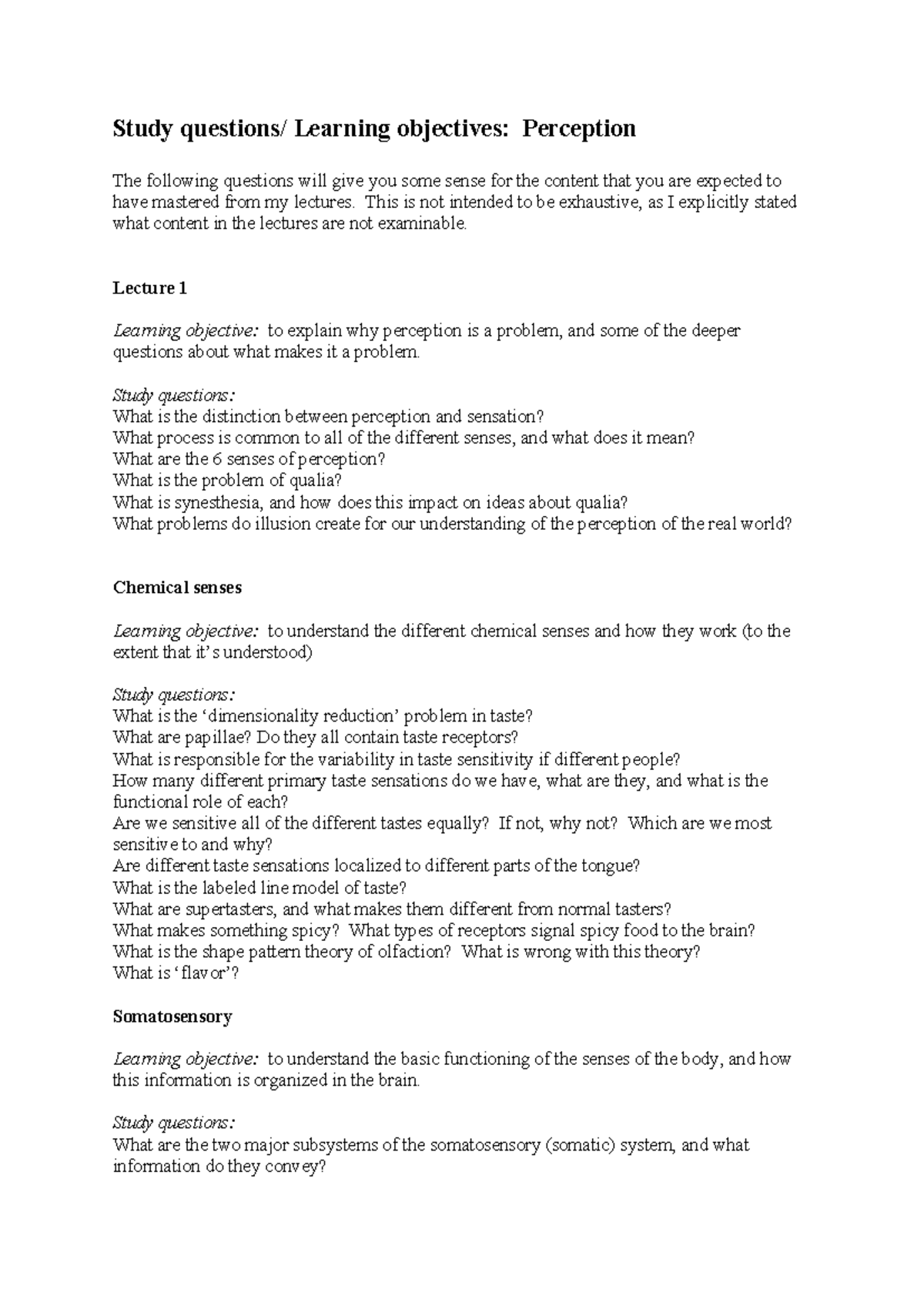 Study Questions on Perception: Learning Objectives & Key Concepts - Studocu