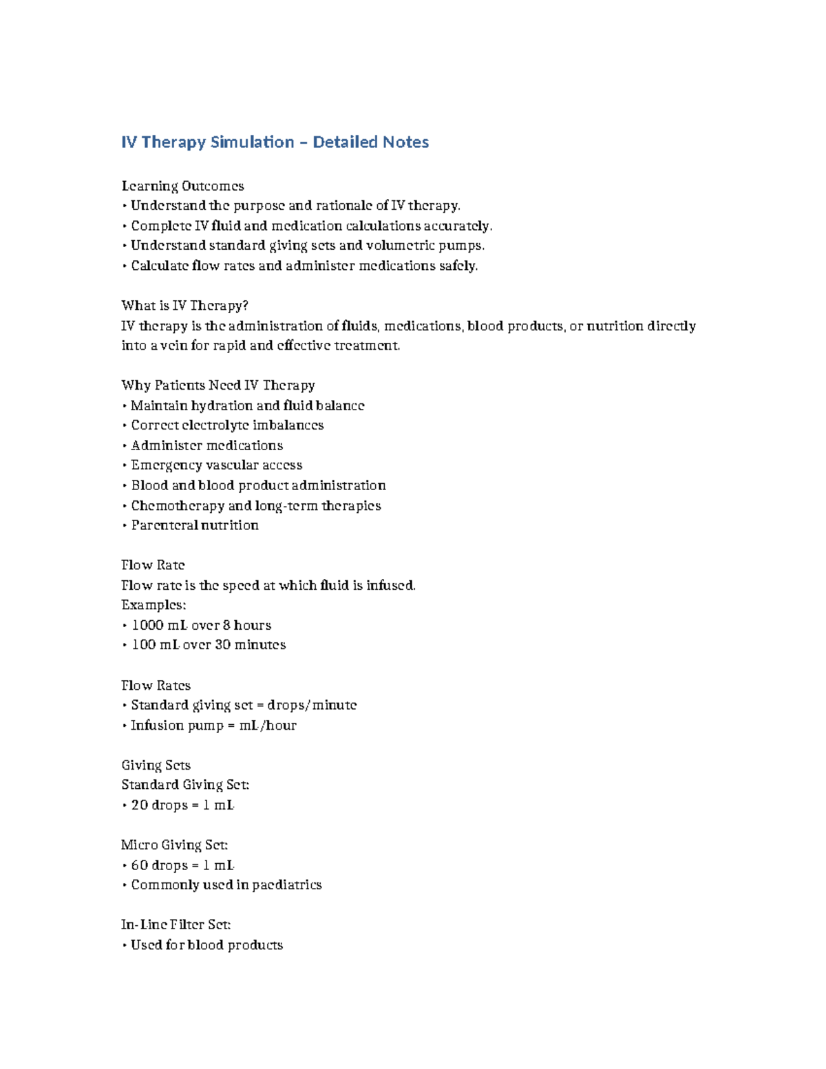 IV Therapy Simulation Notes: Key Learning Outcomes and Calculations ...