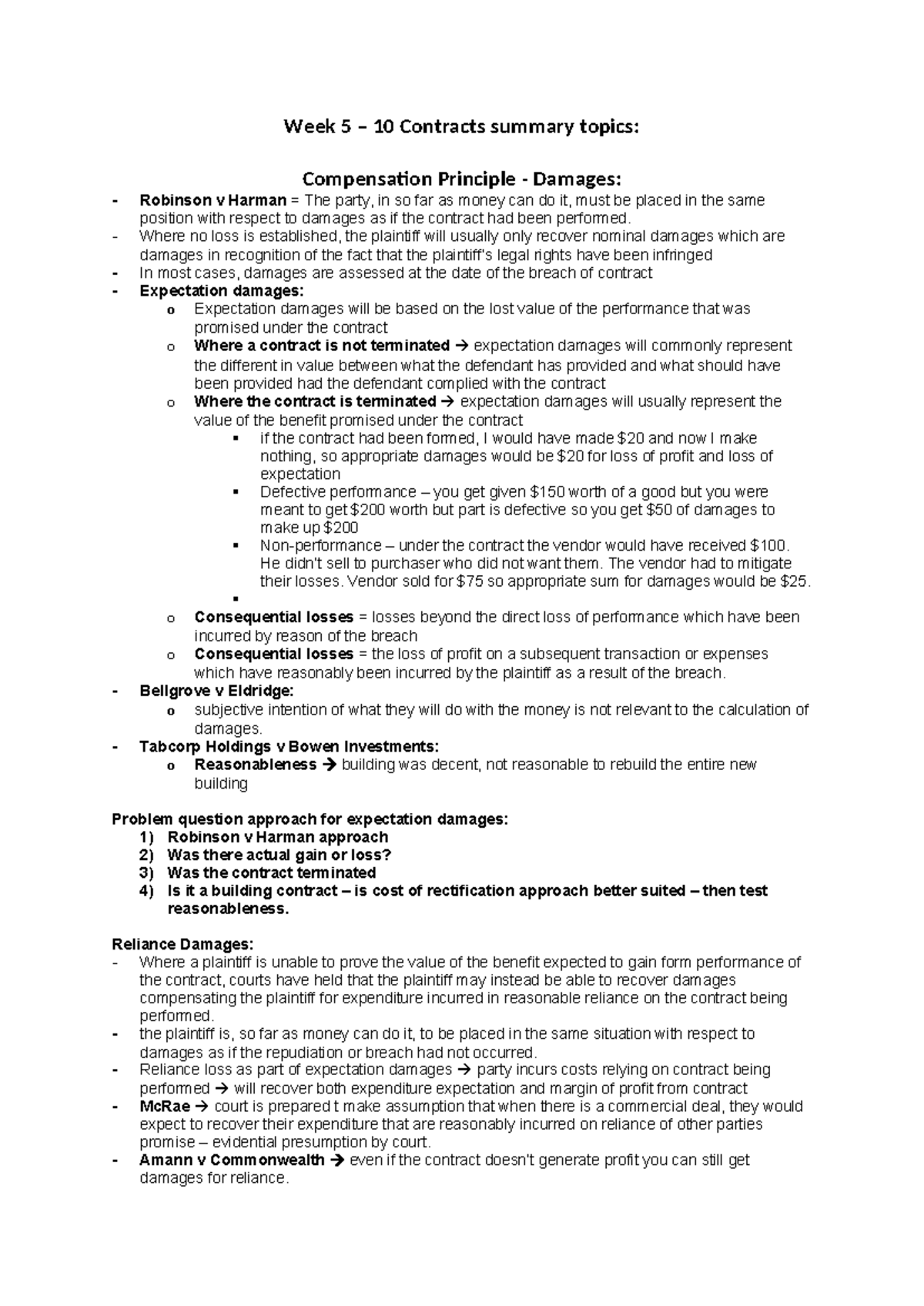 Contracts w5 - w10 summary - Week 5 – 10 Contracts summary topics ...