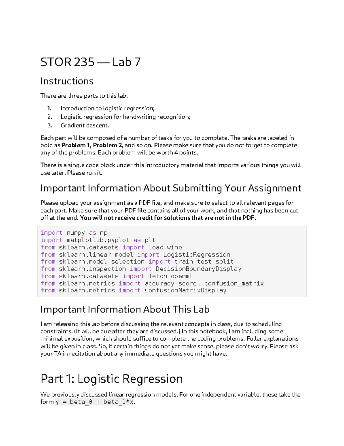 STOR 235 Lab 7: Logistic Regression and Gradient Descent Tasks - Studocu
