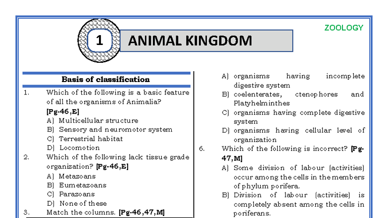 ZOOLOGY 1: NCERT Animal Kingdom MCQs and Answers - Studocu