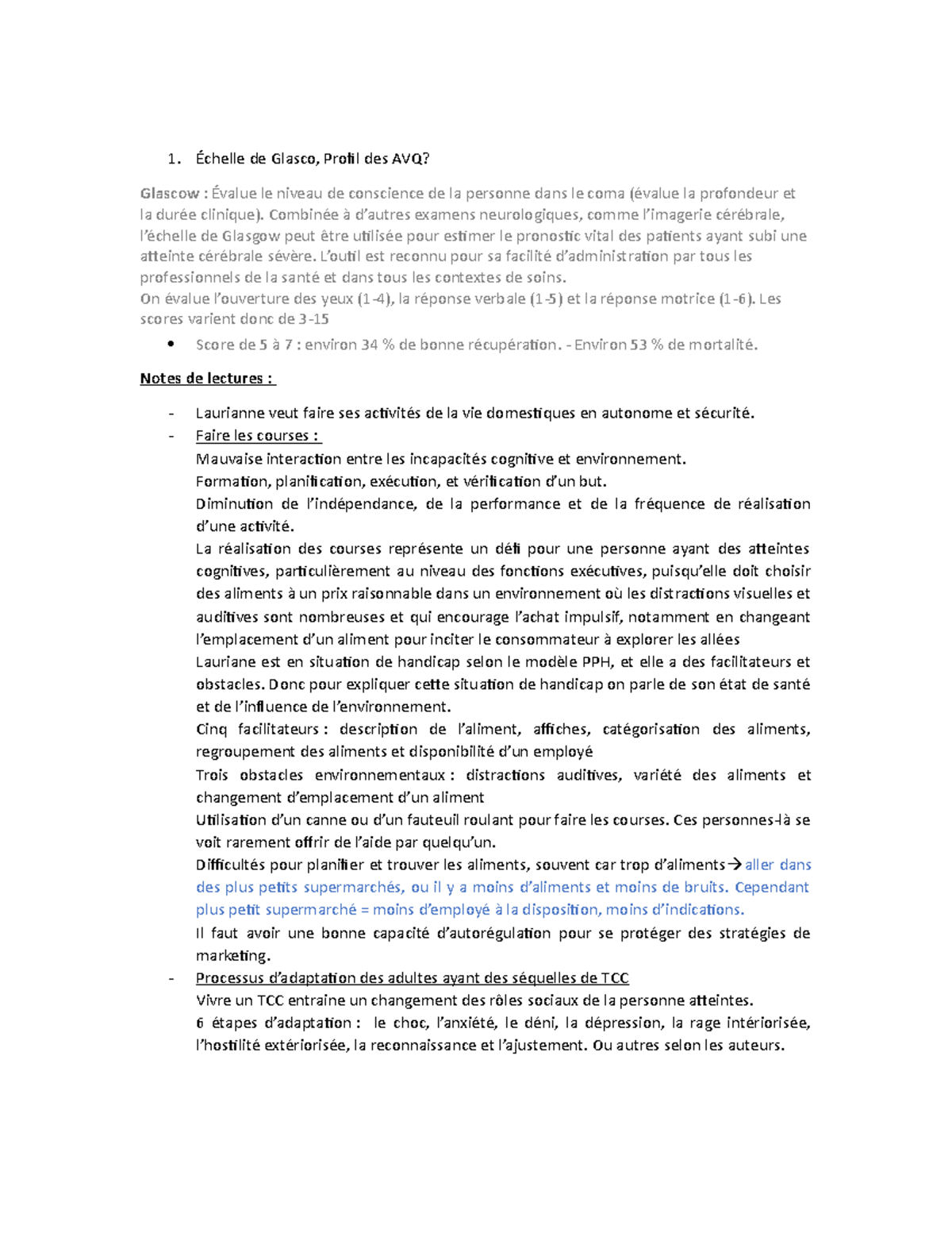 12 - Notes sur le Profil AVQ et Évaluation des TCC - Studocu