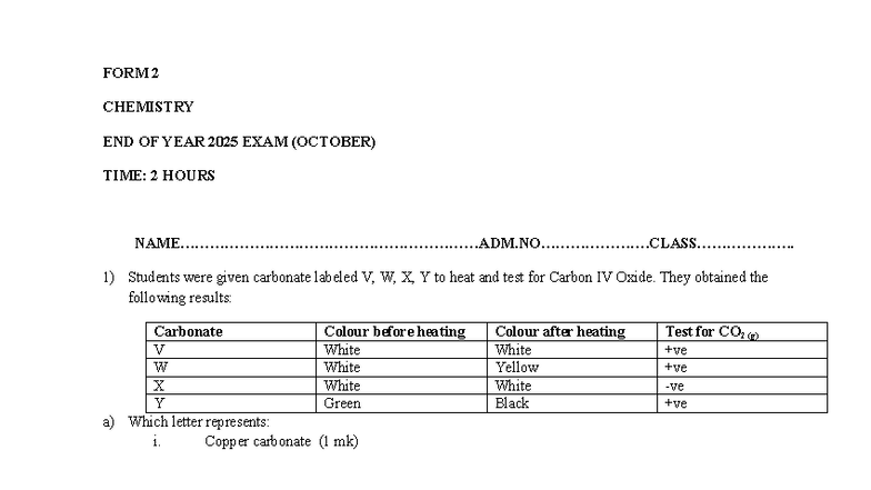 FORM 2 CHEMISTRY END OF YEAR 2025 EXAM QUESTIONS (OCTOBER) - Studocu