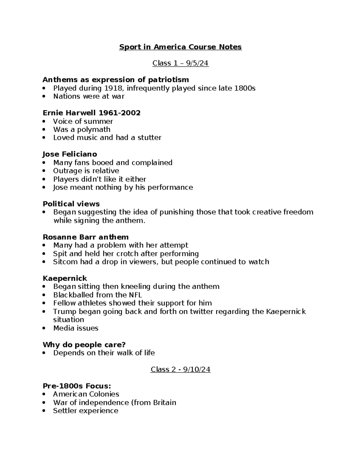 Sport in America Course Notes: Class 1 & 2 Overview - Studocu