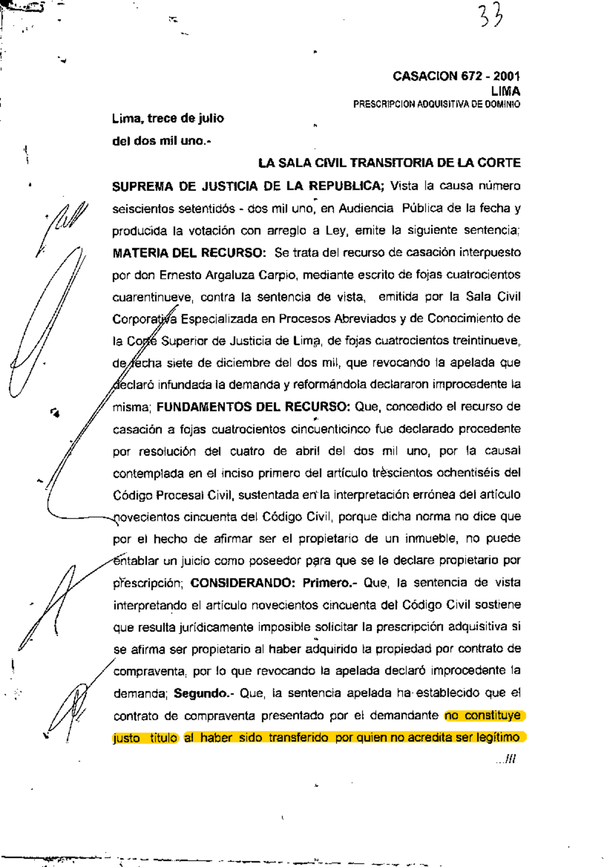 672-2001 LIMA - Casaciones y Precedentes en Prescripción Adquisitiva - Document Preview