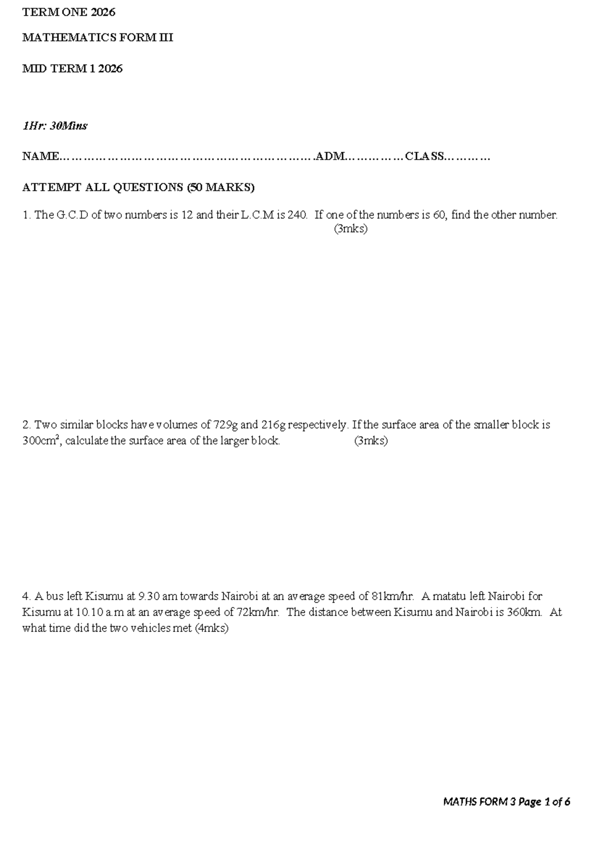 2026 MATHS F3 MID TERM 1 EXAM QUESTIONS (50 MARKS) - Studocu