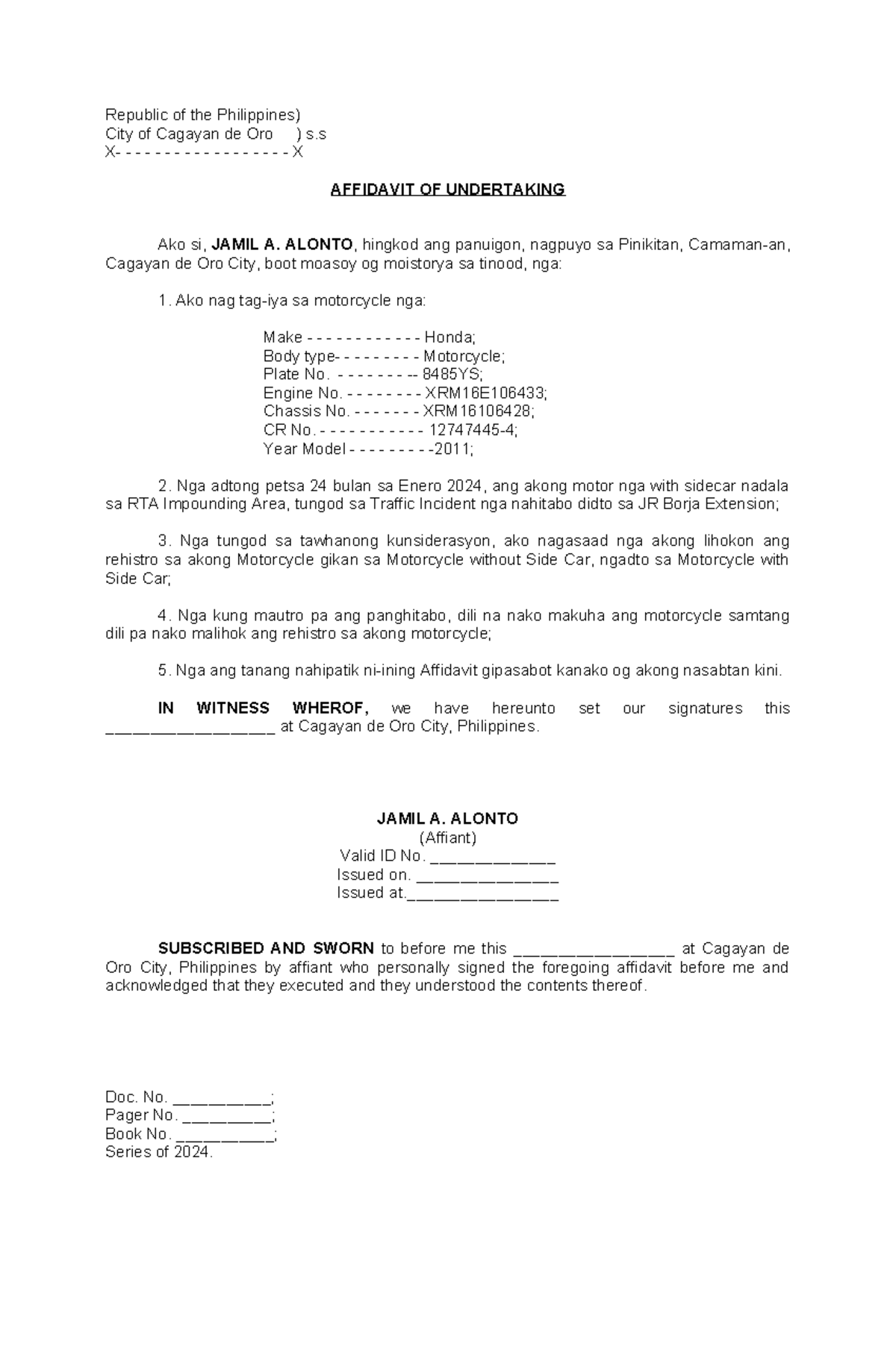 Affidavit of Undertaking for Motorcycle without Sidecar - Jamil Alonto ...