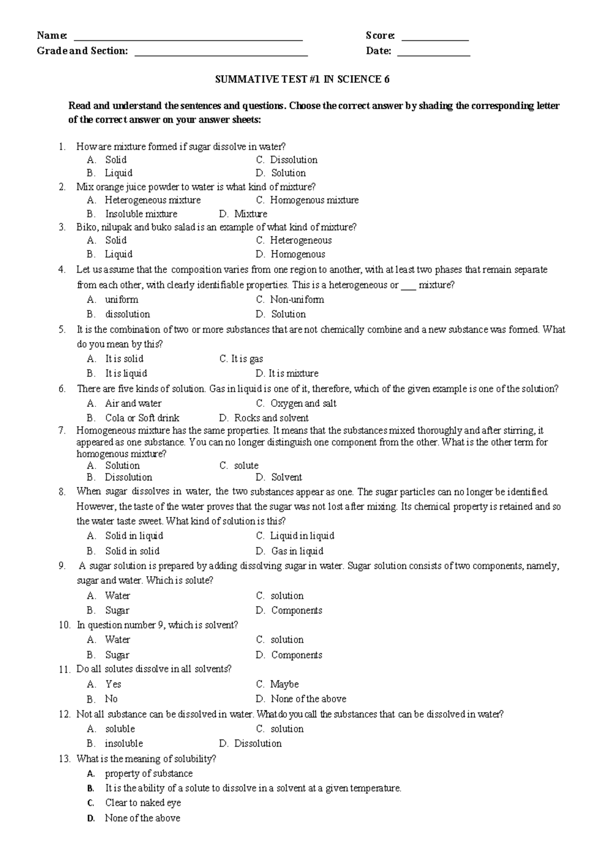 Summative Test in Science 6: Mixtures and Solutions - Studocu
