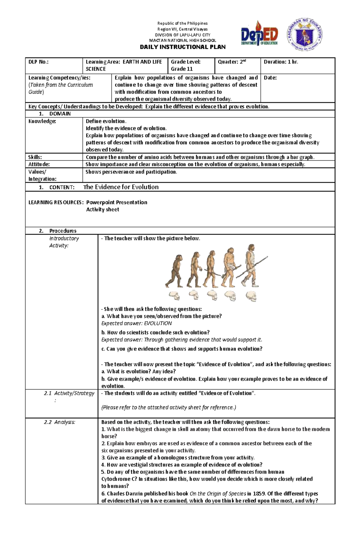 Daily Lesson Plan on Evolution for Earth and Life Science Subject ...