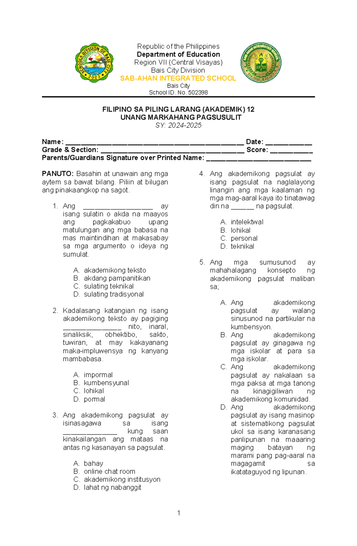 FSPL 12 Unang Markahang Pagsusulit - Test Review - Studocu