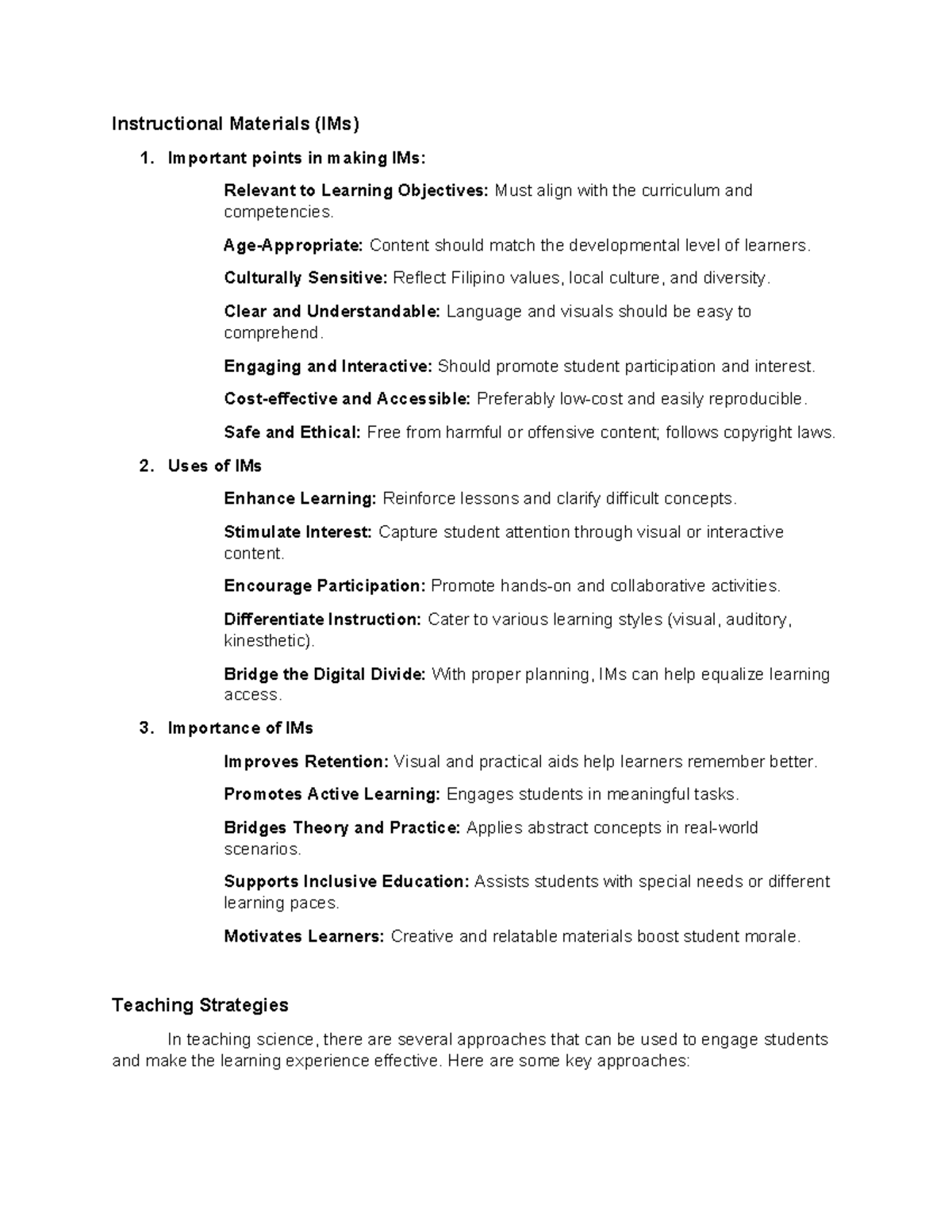 Teaching Strategies and Instructional Materials (IMs) Notes - Studocu