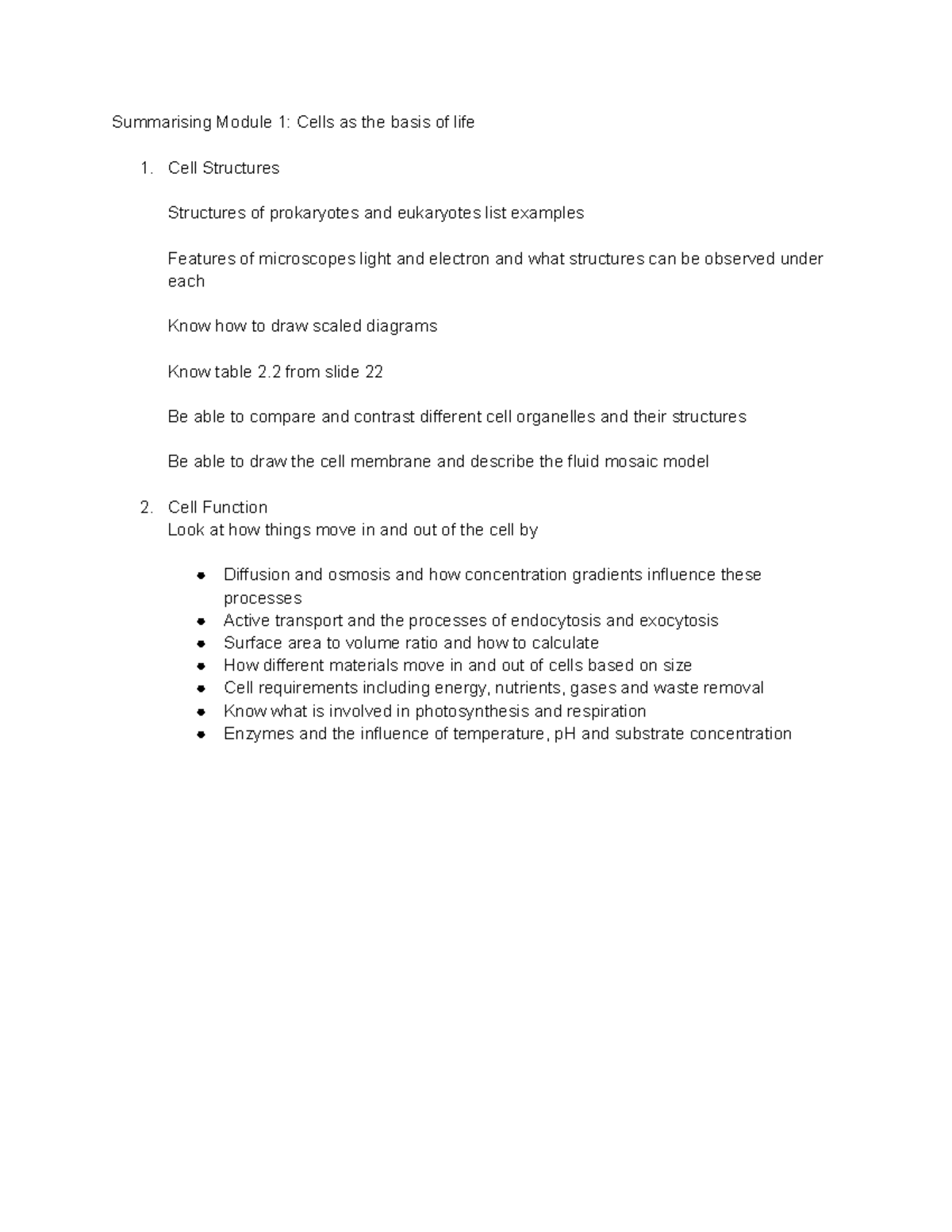BIO101: Module 1 Summary - Cells, Structures & Functions - Studocu