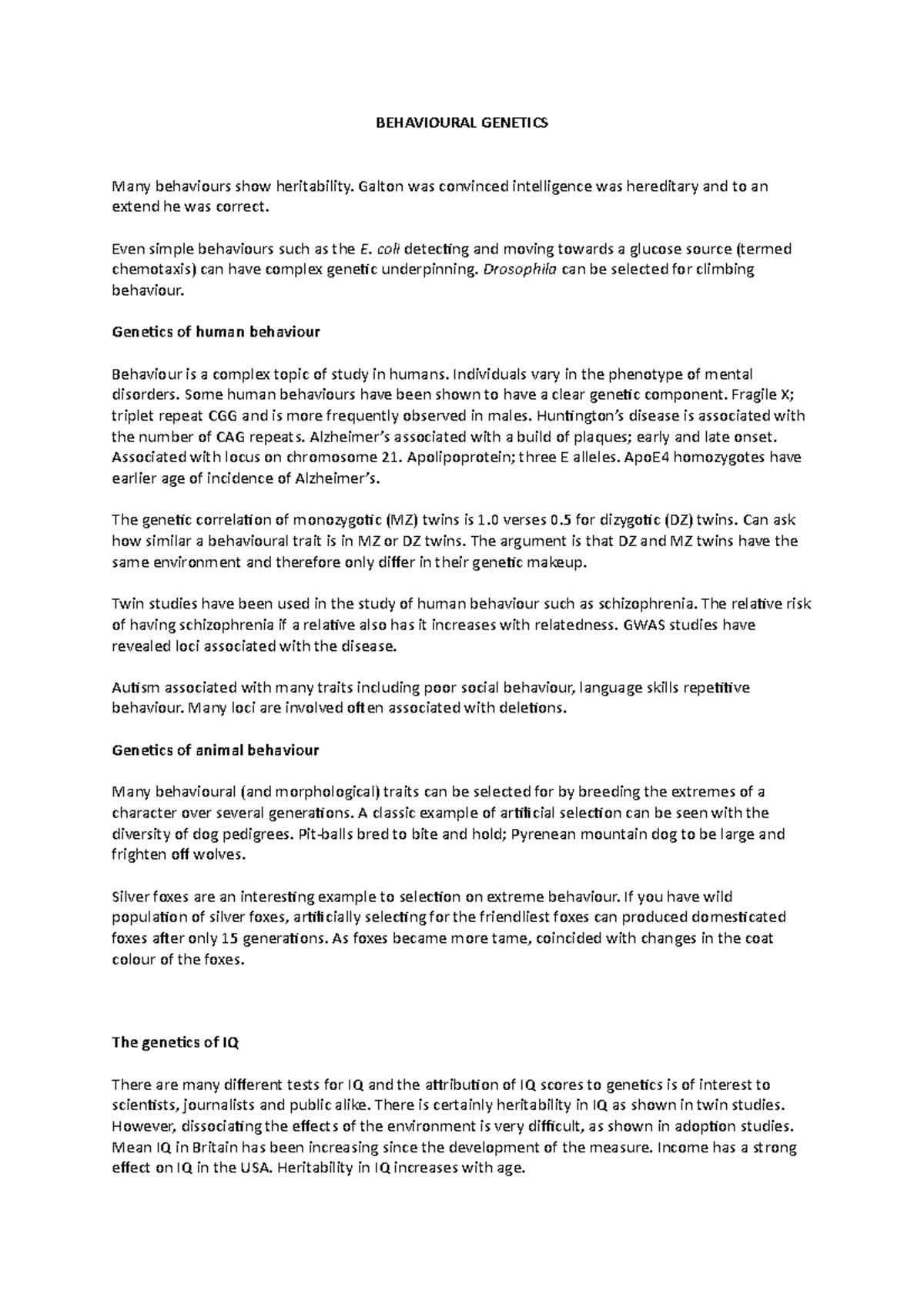 Behavioural Genetics - Essay style-explanation of in-lecture notes and ...