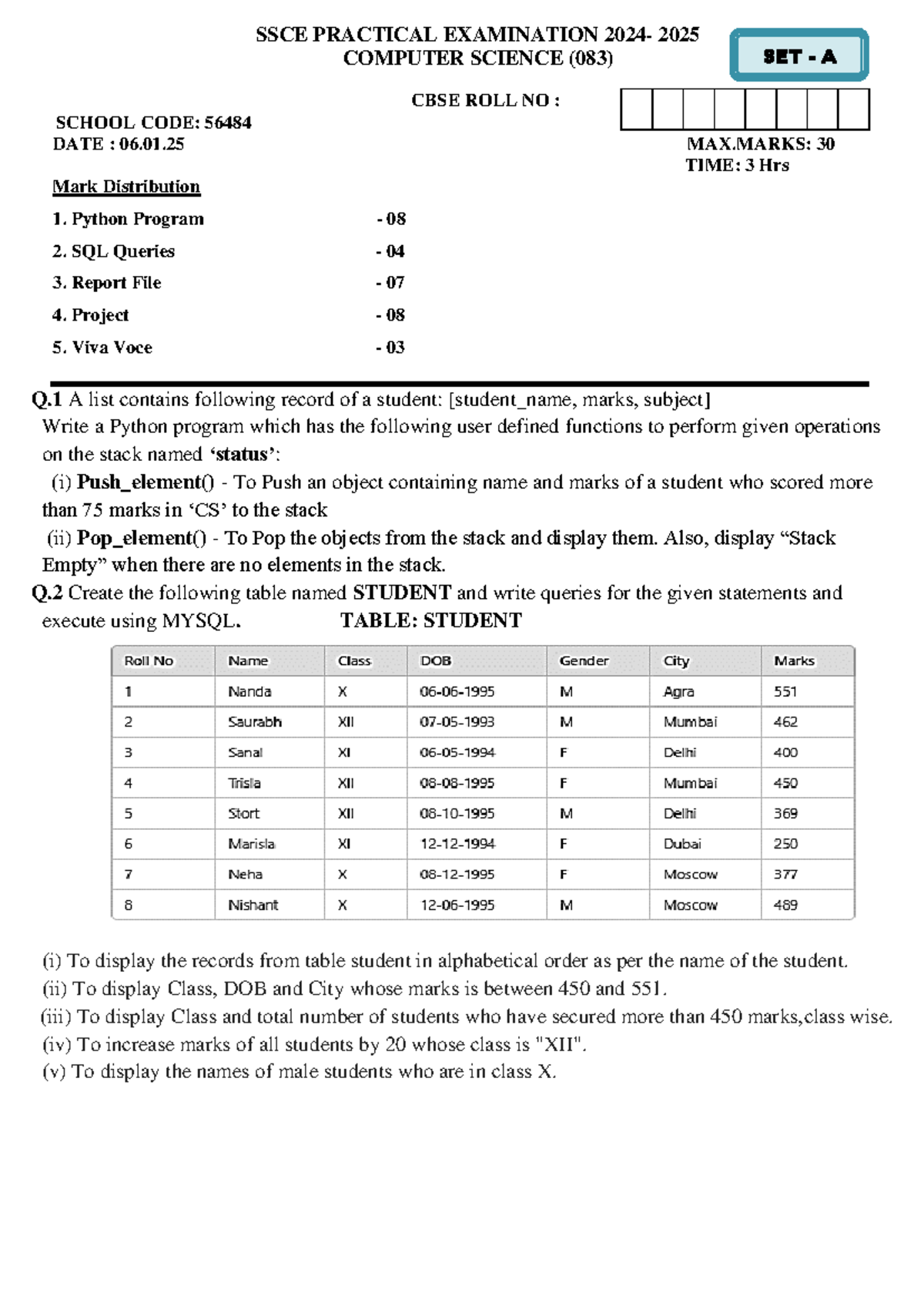 SSCE PRACTICAL EXAM 2025 COMPUTER SCIENCE (083) SET A & B - Studocu