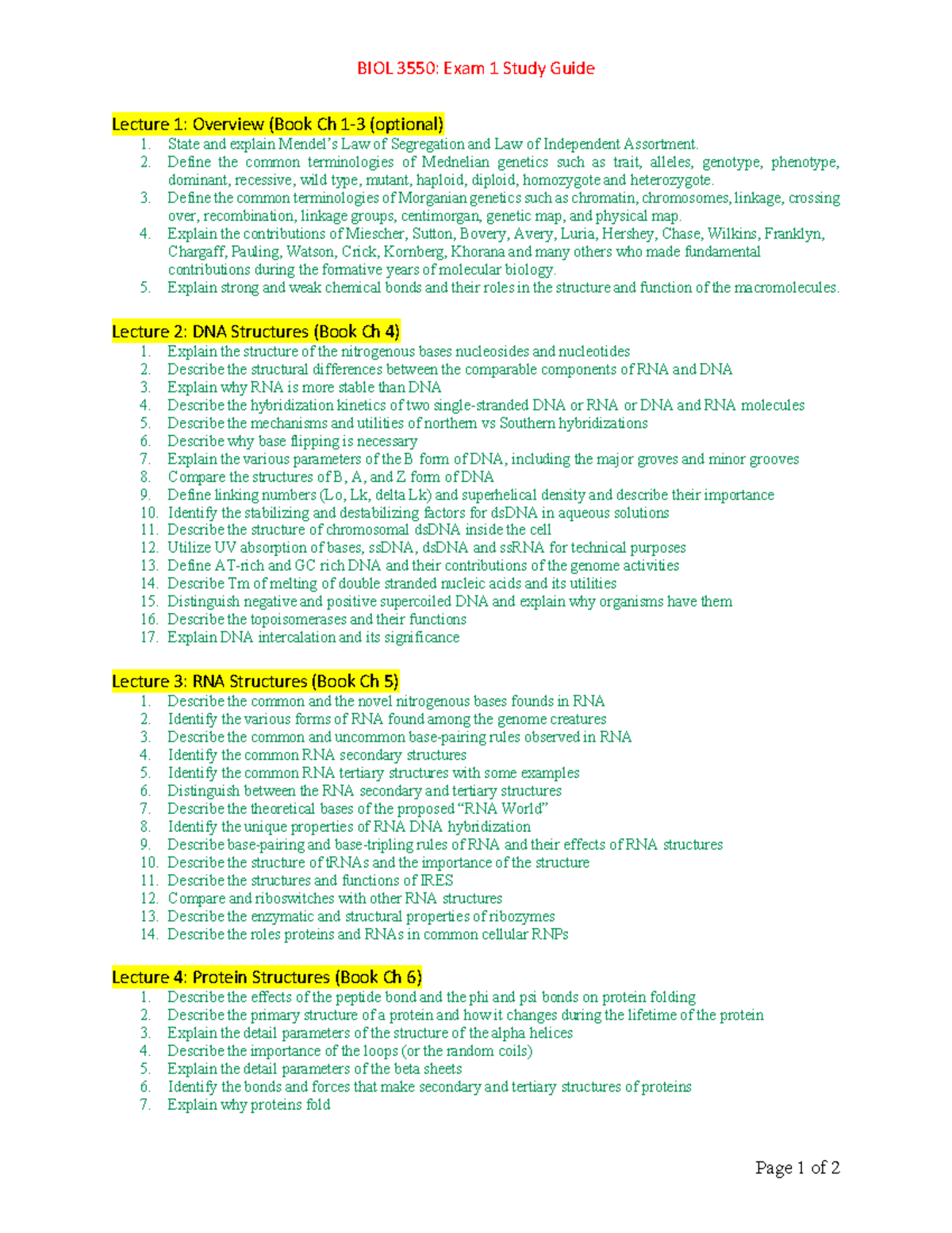 Exam 1 Study Guide - Summary Molecular Biology - BIOL 3550: Exam 1 ...
