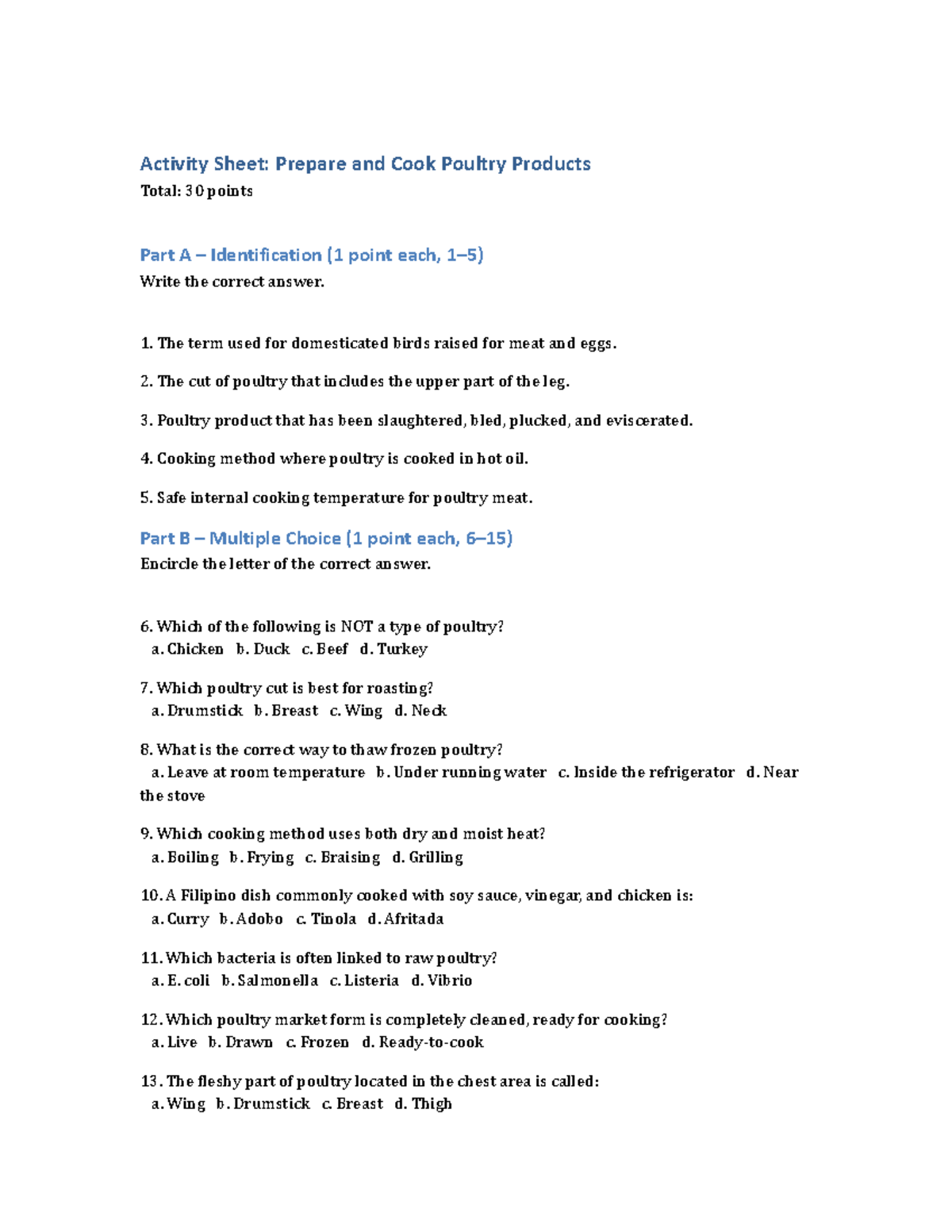 Activity Sheet: Prepare and Cook Poultry Products (Answer Key) - Studocu