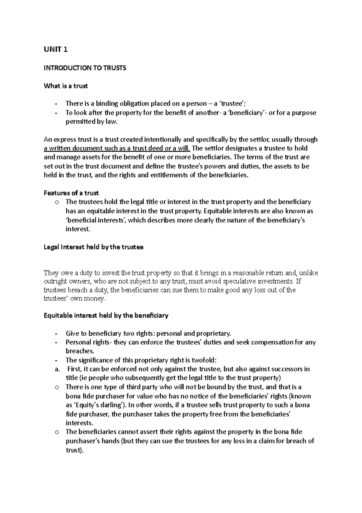 UNIT 1- UNIT 2 PGDL Equity - UNIT 1 INTRODUCTION TO TRUSTS What is a ...