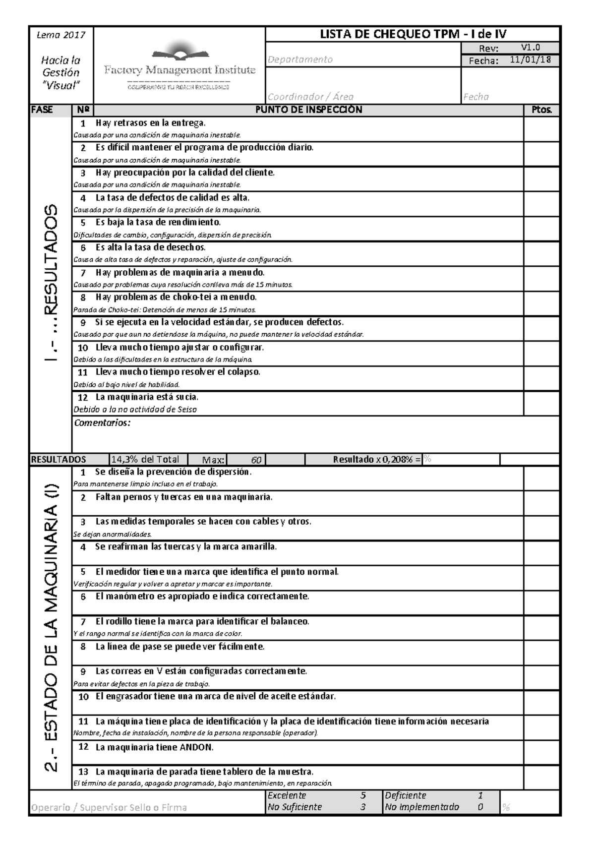 TPM-3 Checklist for Equipment Maintenance (Spanish & English) - Studocu