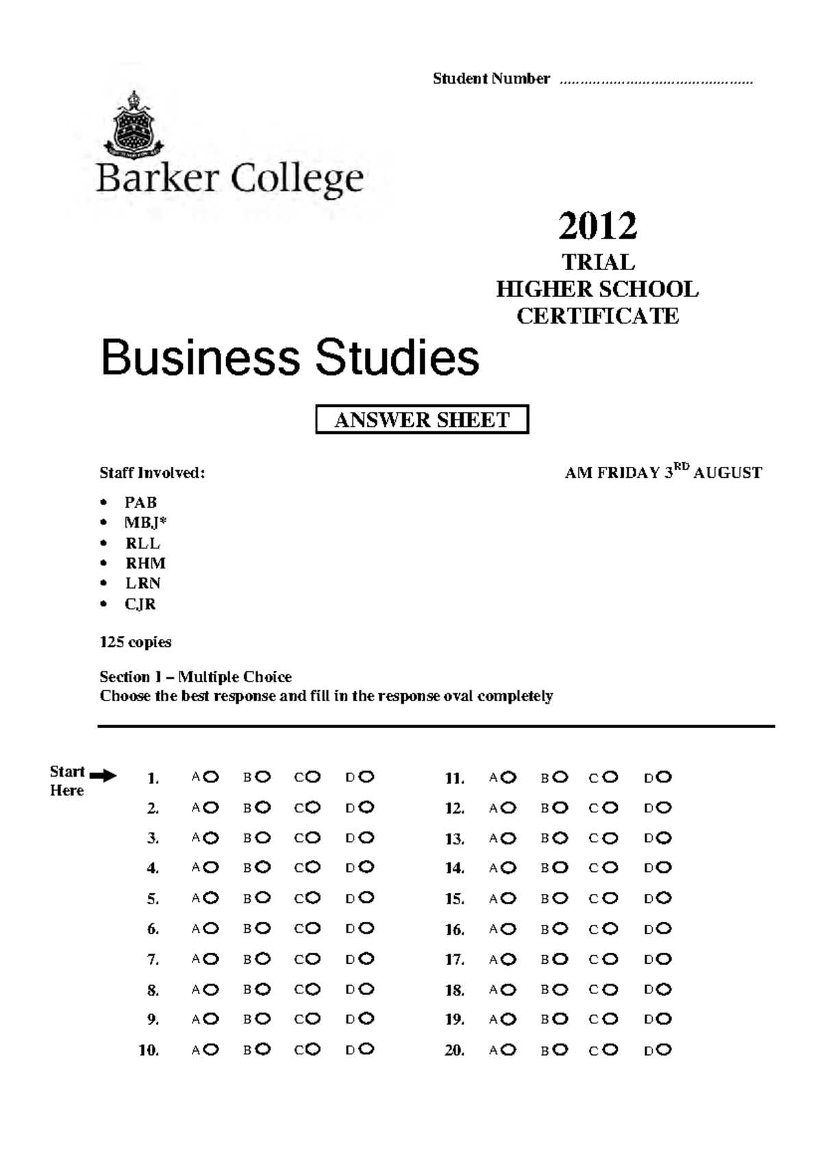 Barker 2012 Business Studies Trial Exam & Answer Sheet - Studocu