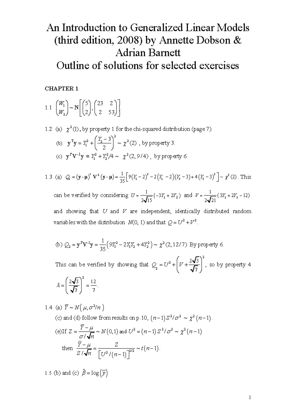 GLM (Generalized Linear Models) Solutions for Selected Exercises - Studocu