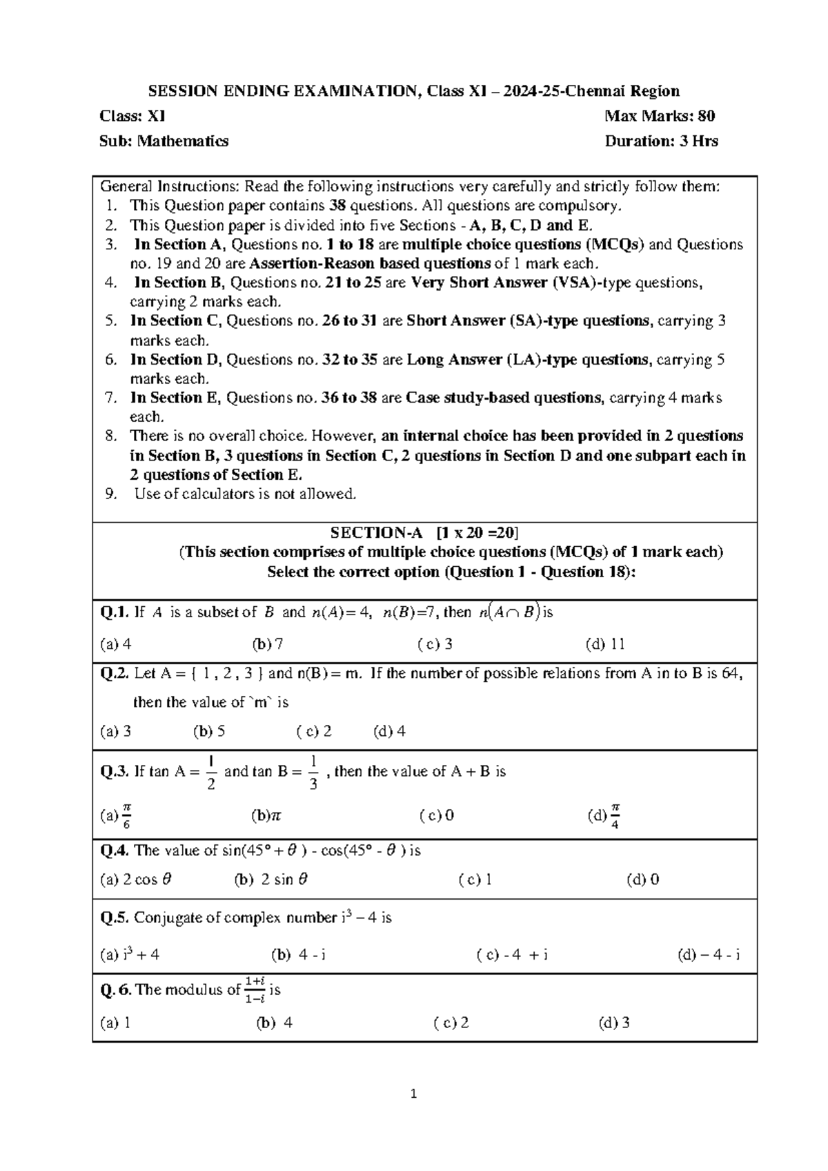 Class XI Mathematics Session Ending Exam QP - Max Marks: 80 - Studocu