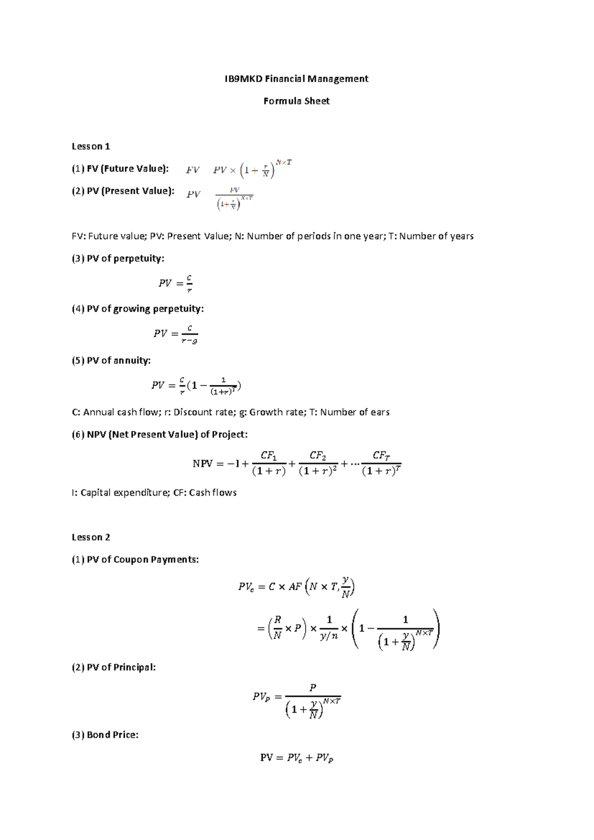 IB9MKD Financial Management Formula Sheet: Key Concepts and Equations ...