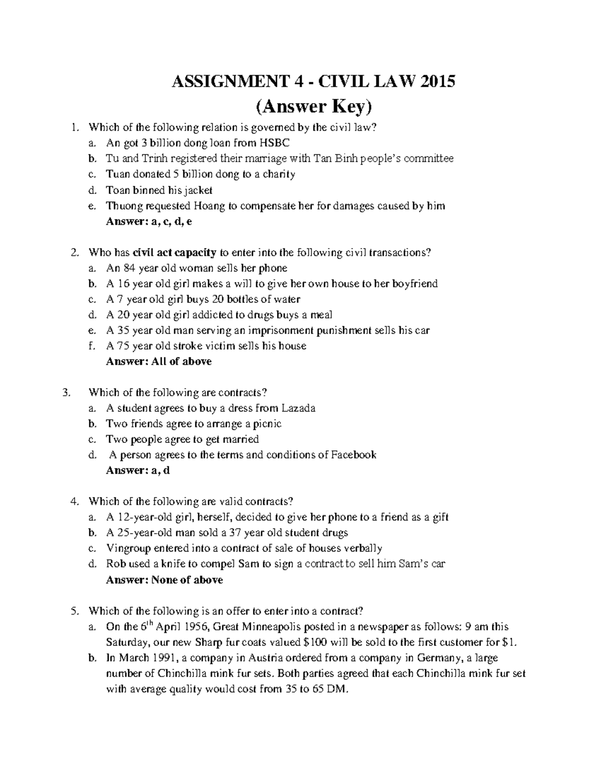 Civil Law 2015 (Answer Key) - Assignment 4 (Fixed) - Studocu