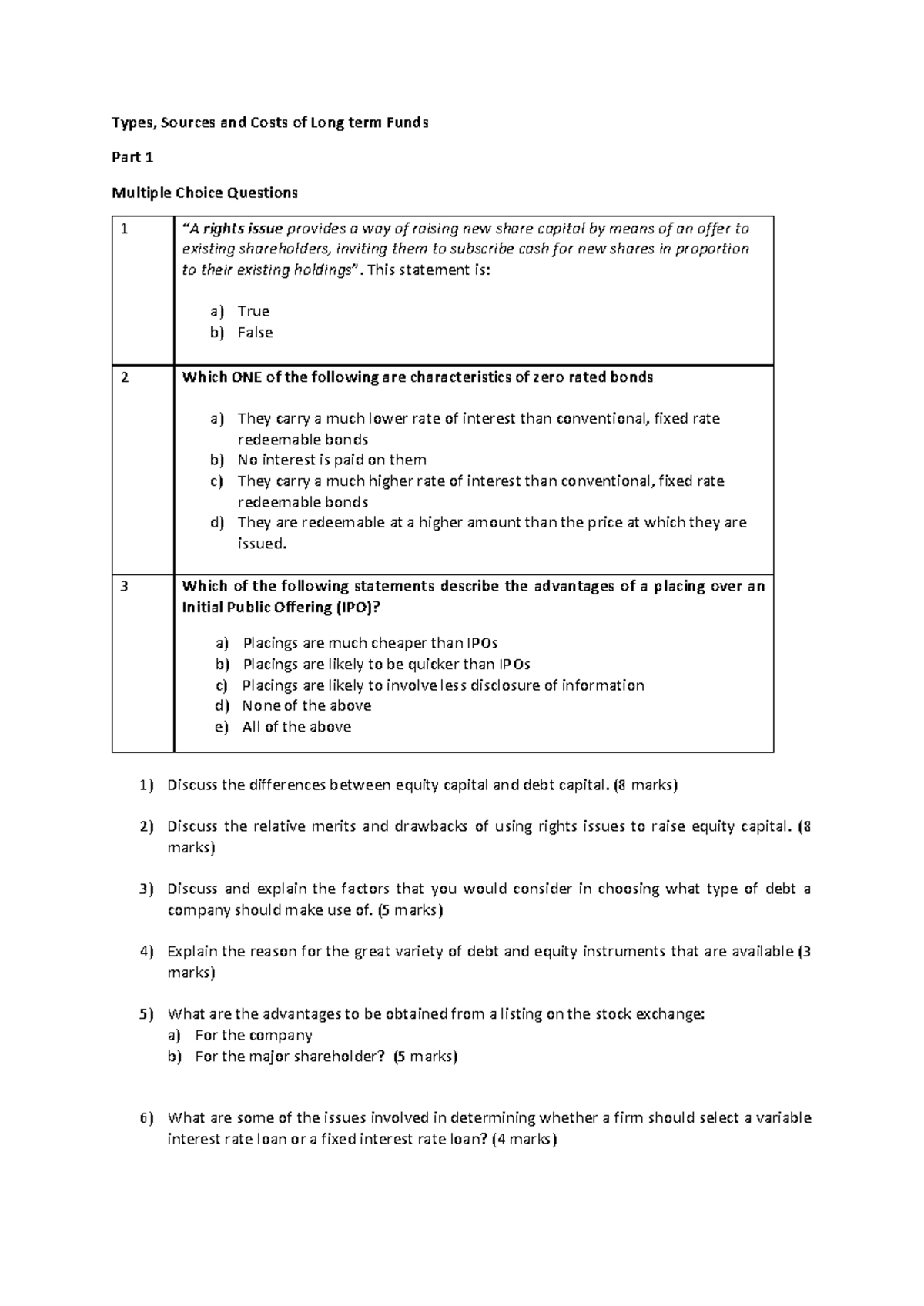 FIN 301 Week 11 Practice Questions on Long-term Funds and Capital - Studocu