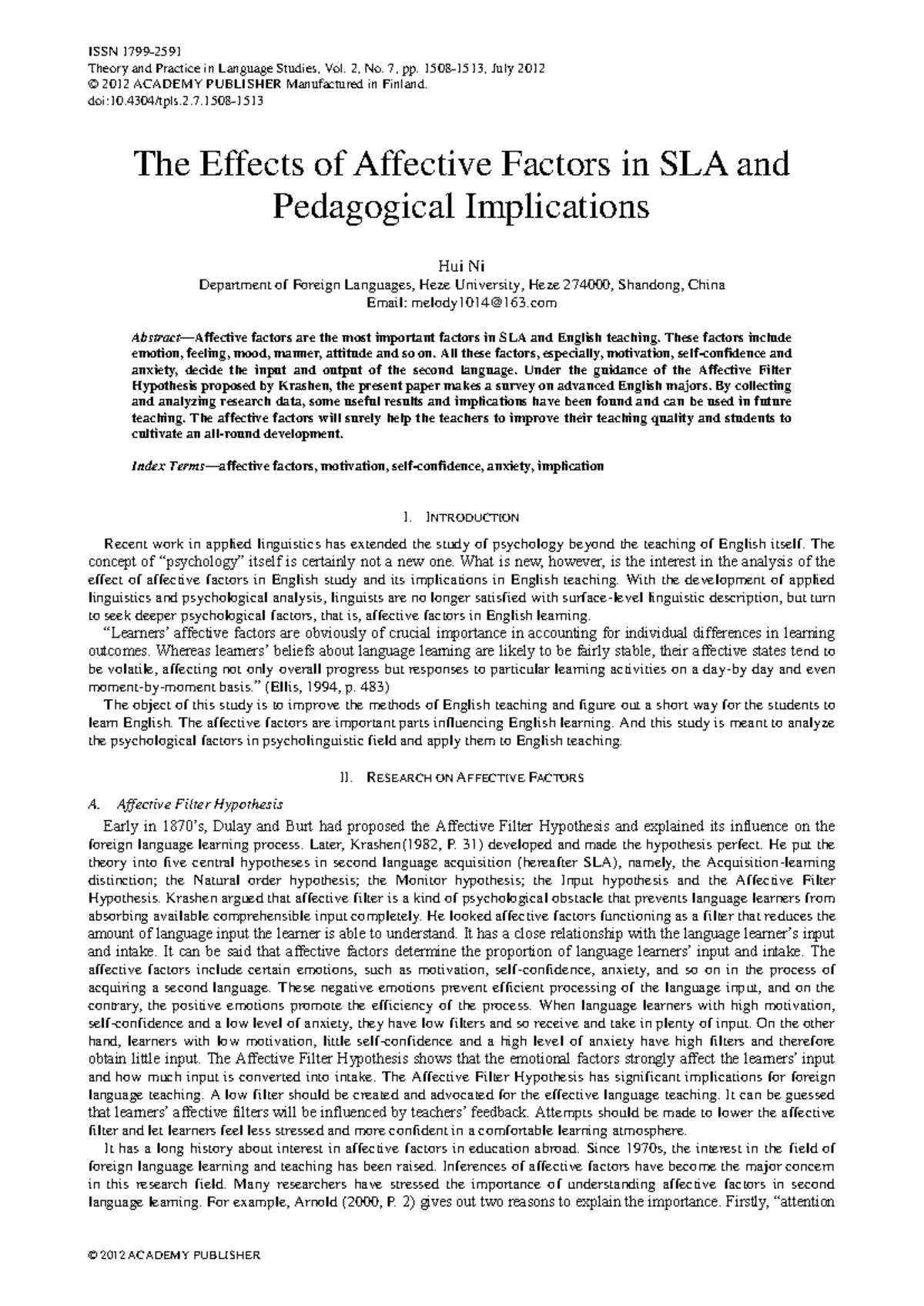 The Impact of Affective Factors on SLA: Insights and Implications (ENG ...