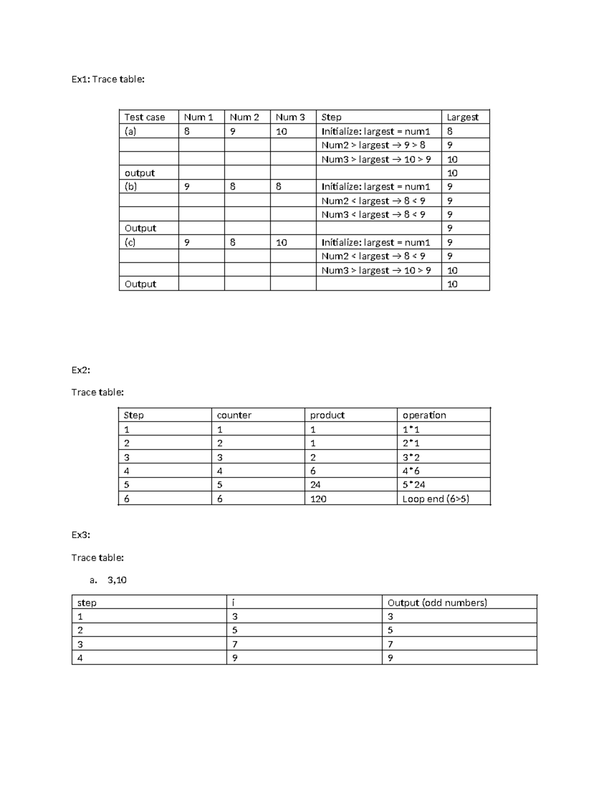 Ex1: Trace Table Analysis for Largest Number Determination - Studocu