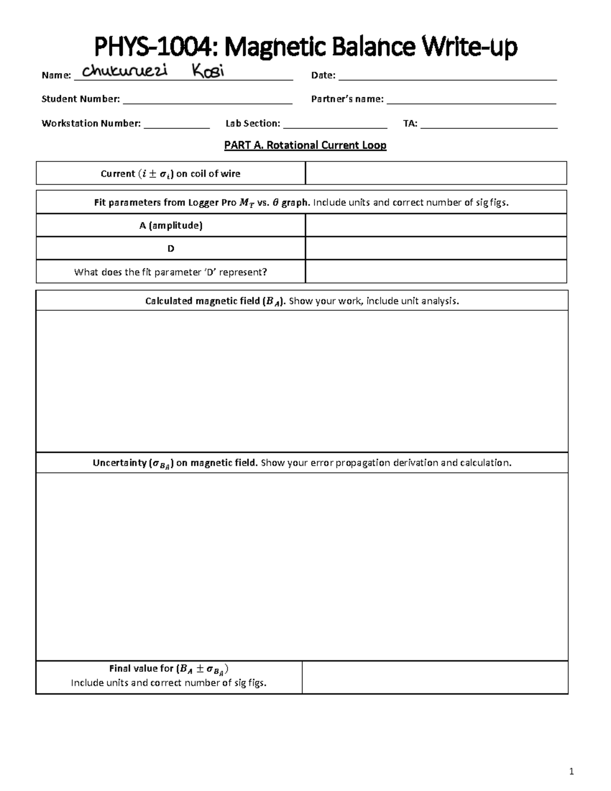 Magnetic Balance Write-Up - 1 PHYS-1004: Magnetic Balance Write-up Name ...
