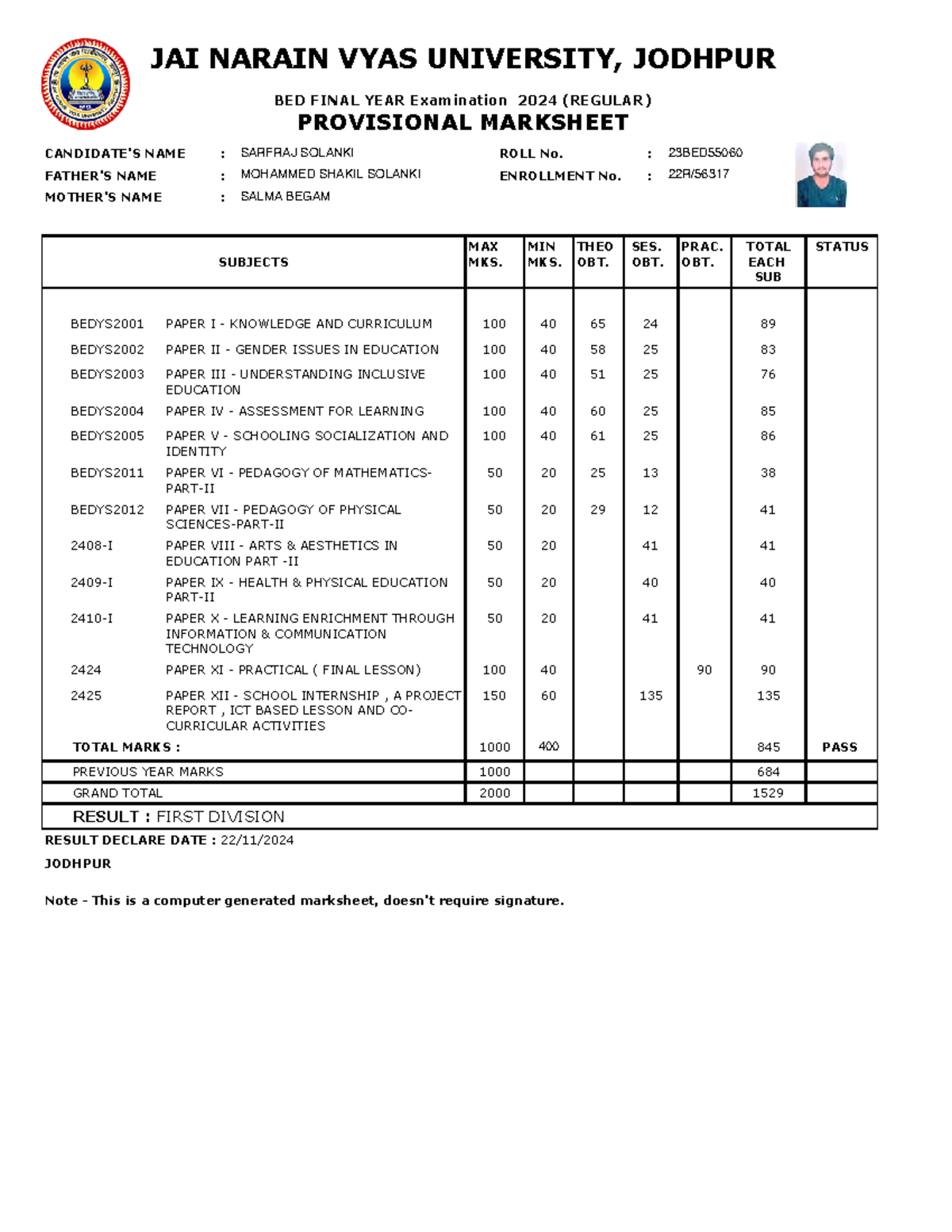 Bed final year provisional marksheet for 23BED55060 - Studocu