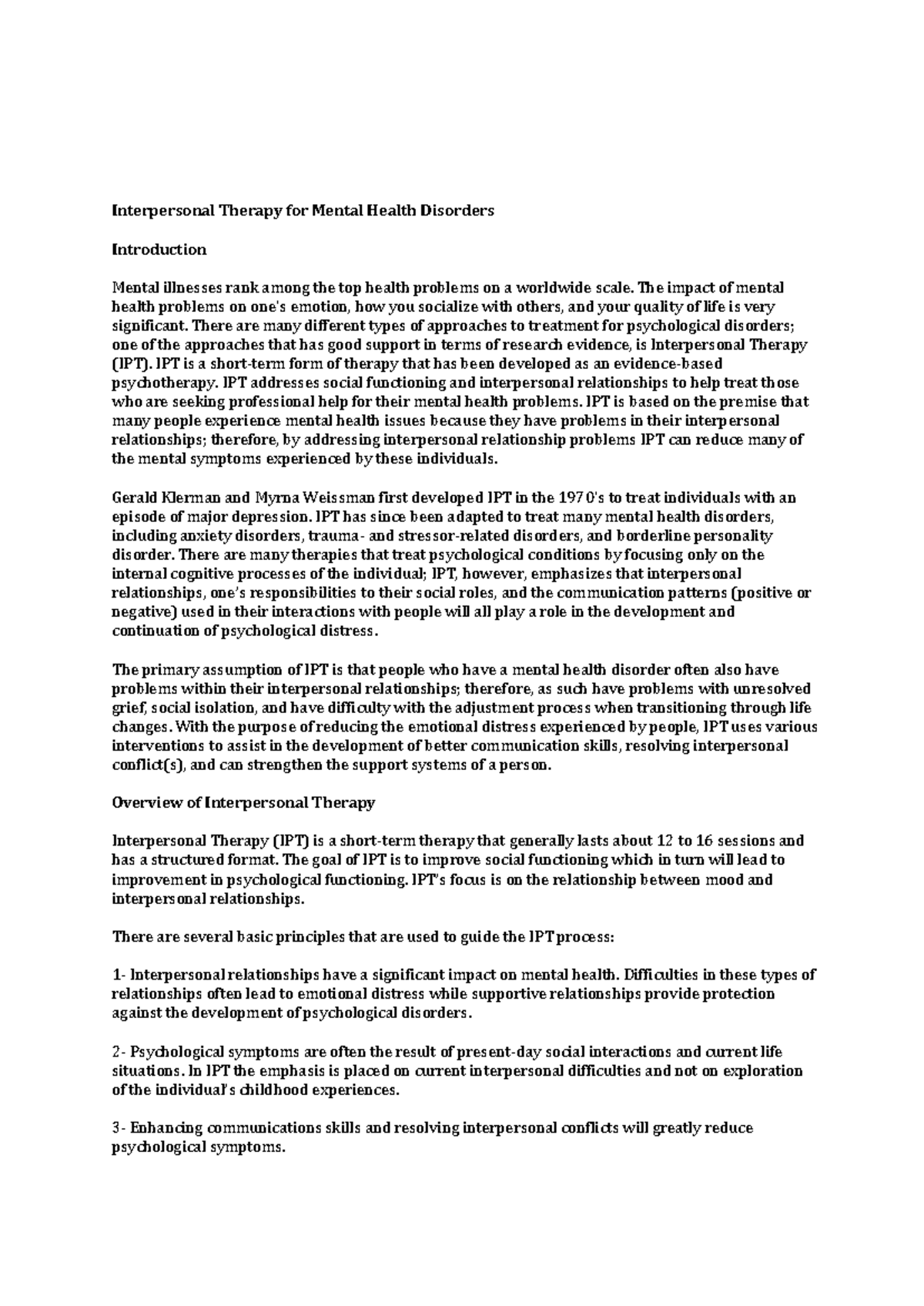 IPT for Mental Health Disorders: An Overview and Techniques - Studocu