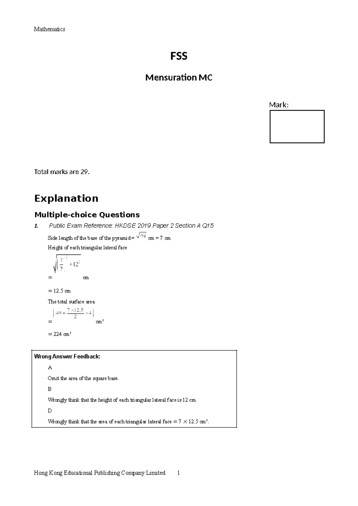 Mathematics FSS Mensuration MC Mark Solutions and Feedback - Studocu