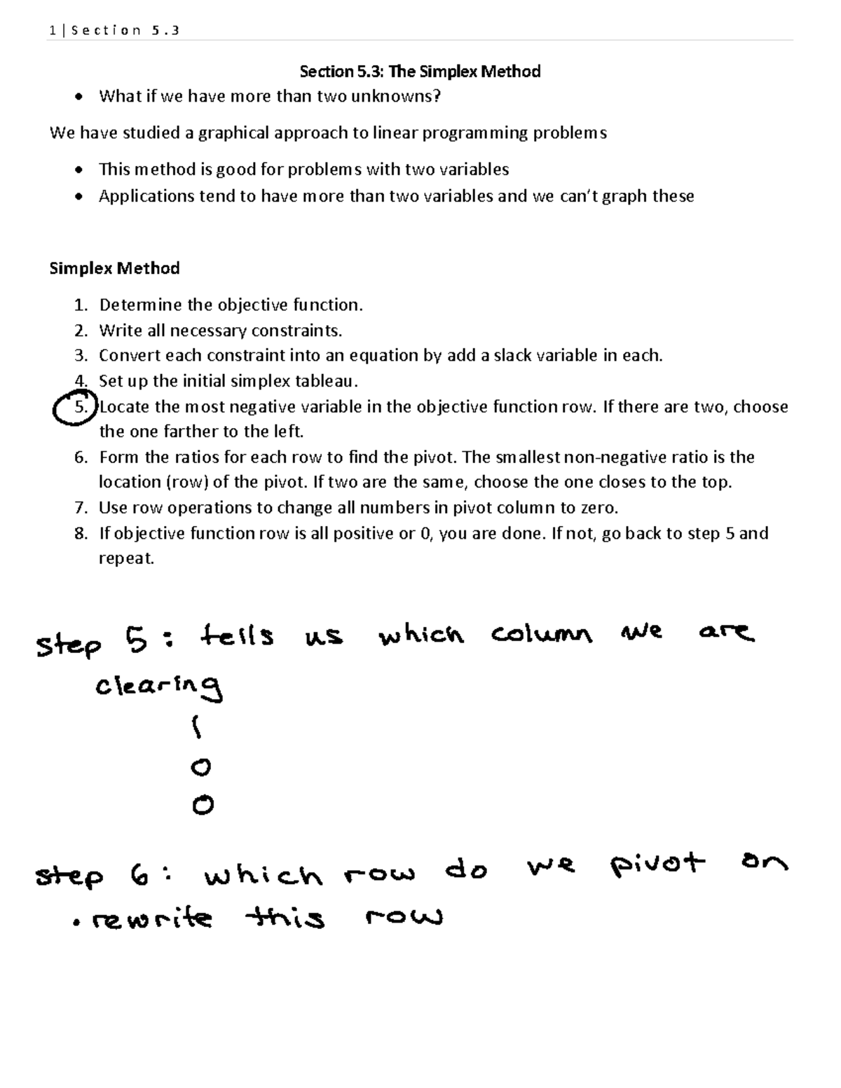 Simplex Method Notes (Section 5.3) for Linear Programming Challenges ...